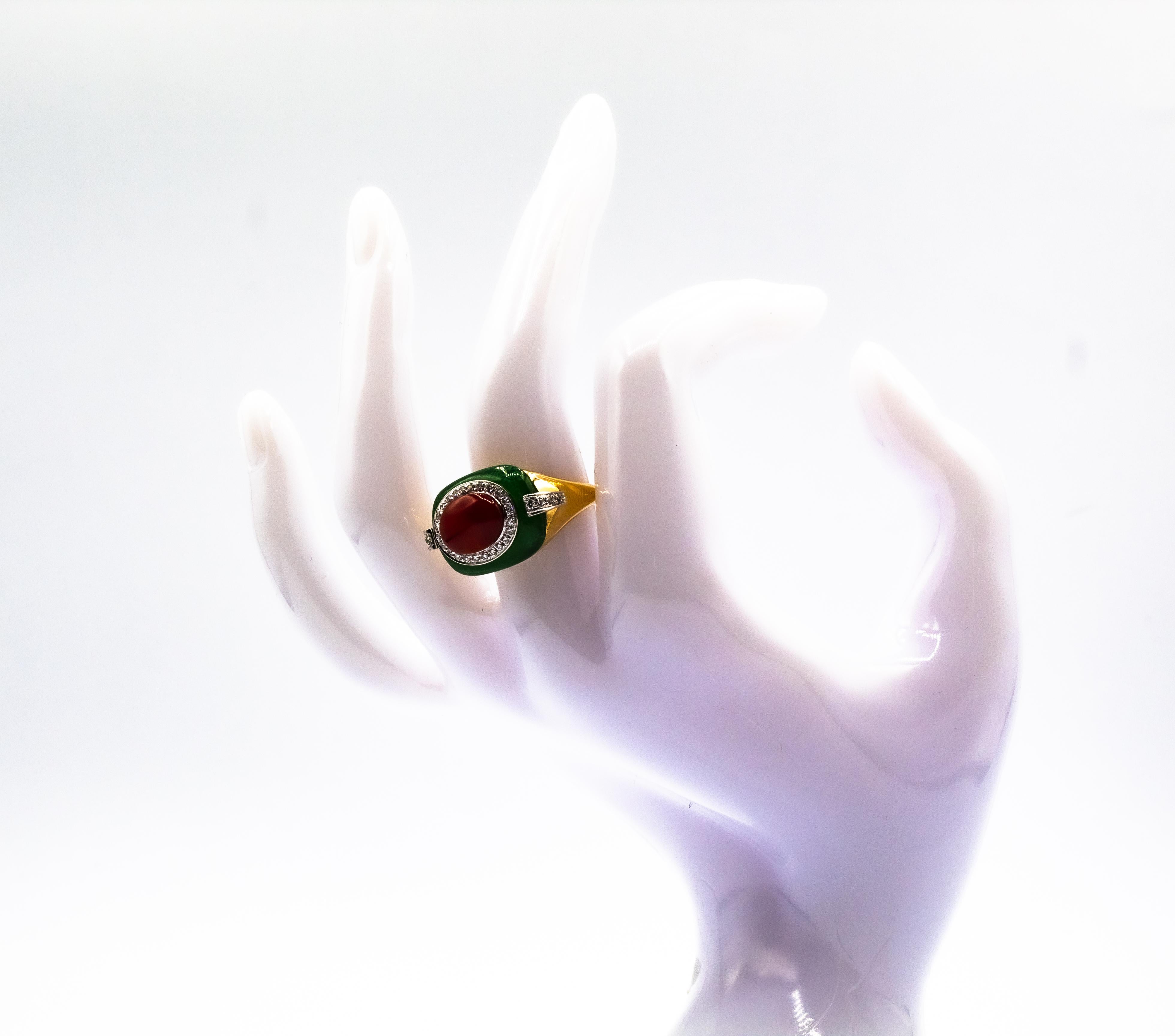 Art Deco Style Sardinia Red Coral White Diamond Jade Yellow Gold Cocktail Ring For Sale 15