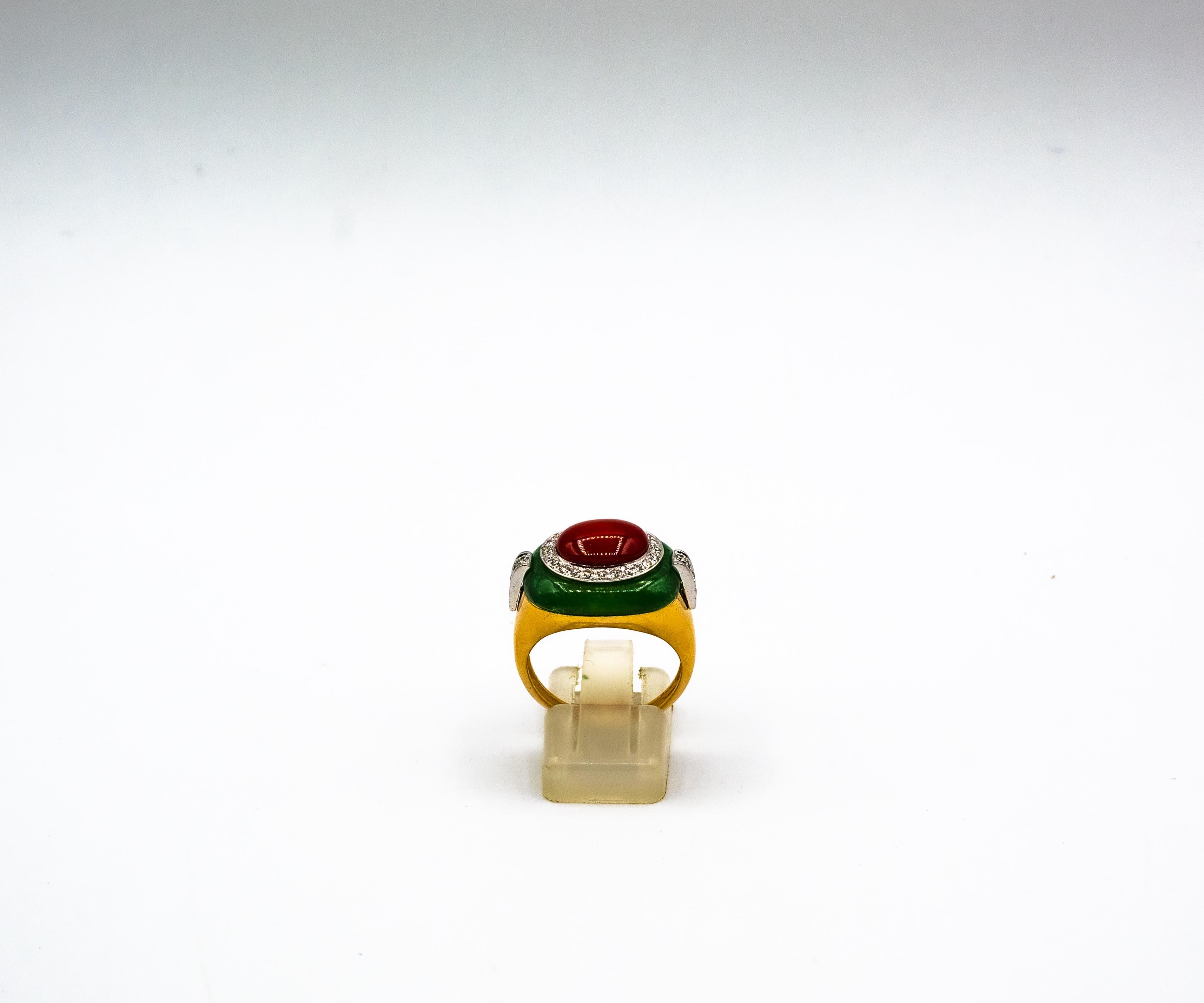 Brilliant Cut Art Deco Style Sardinia Red Coral White Diamond Jade Yellow Gold Cocktail Ring For Sale