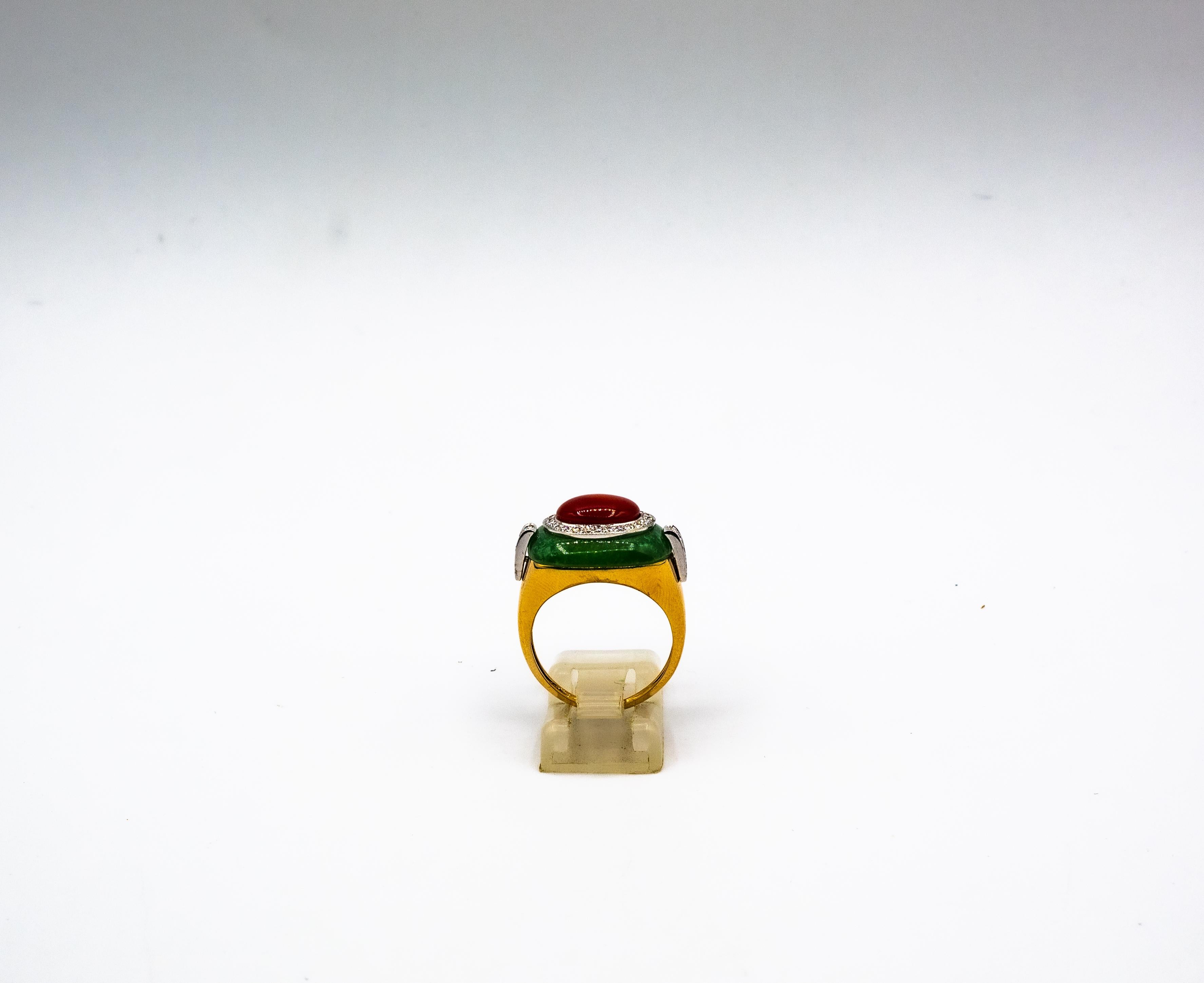 Women's or Men's Art Deco Style Sardinia Red Coral White Diamond Jade Yellow Gold Cocktail Ring For Sale