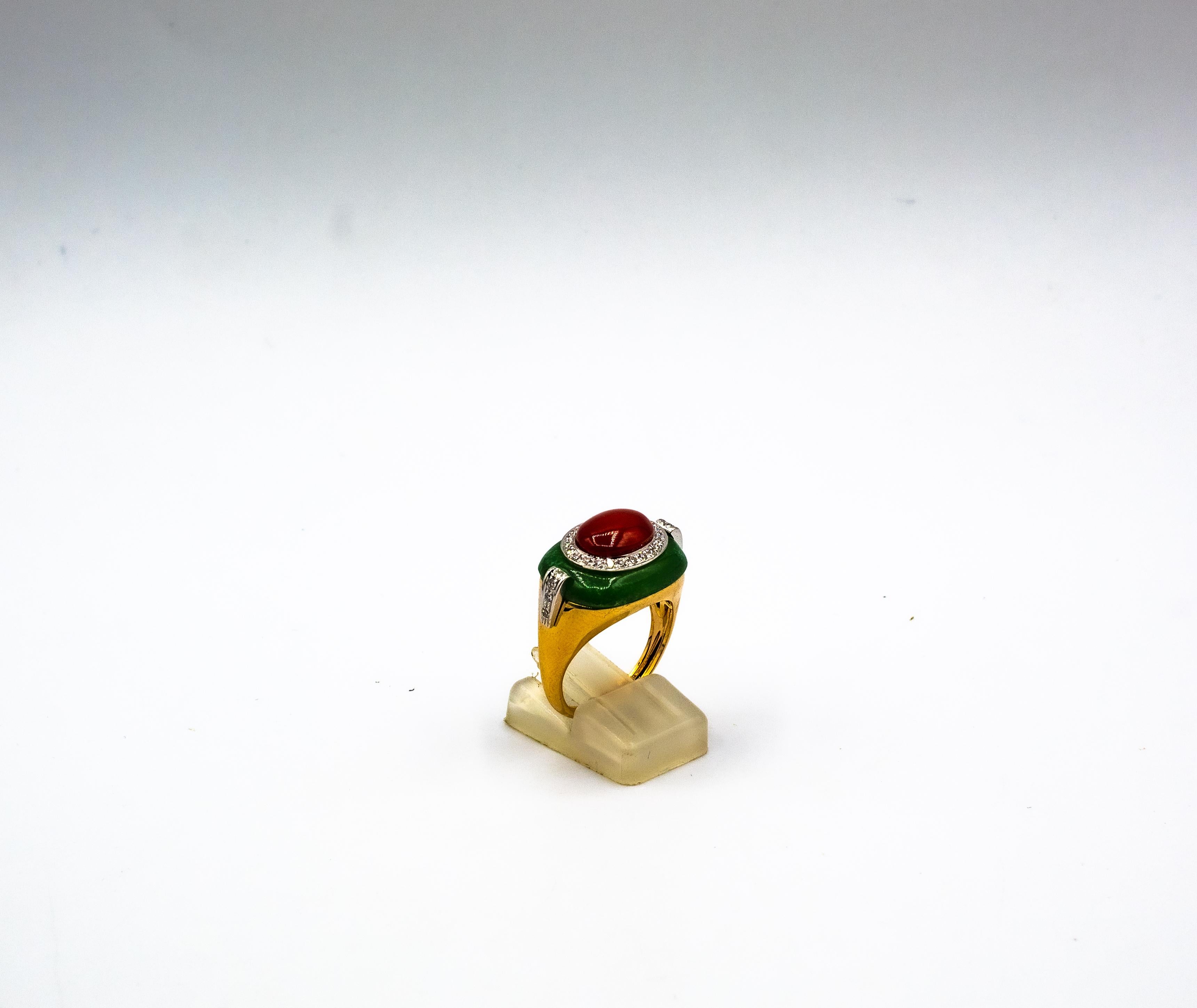 Art Deco Style Sardinia Red Coral White Diamond Jade Yellow Gold Cocktail Ring For Sale 1