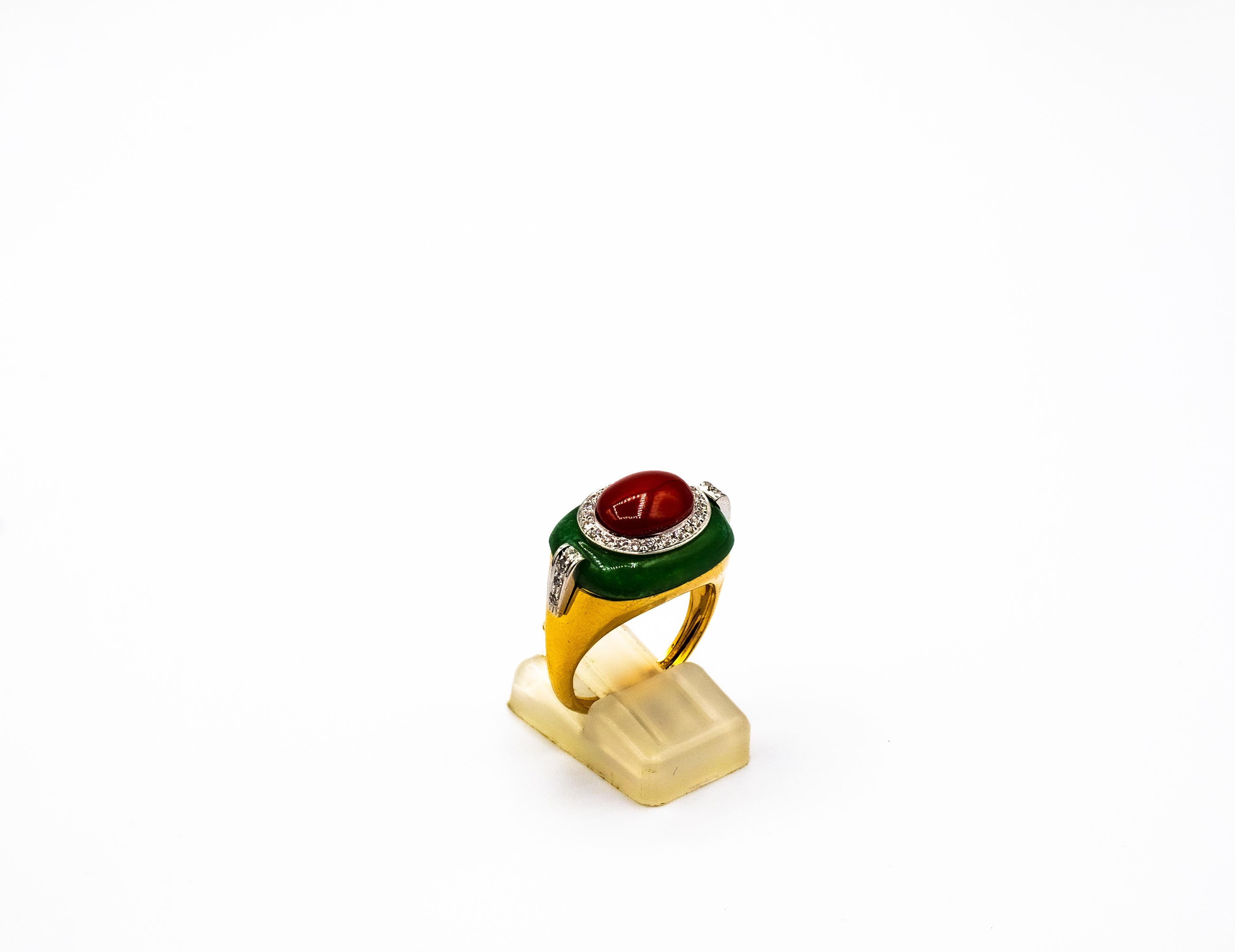 Art Deco Style Sardinia Red Coral White Diamond Jade Yellow Gold Cocktail Ring For Sale 2