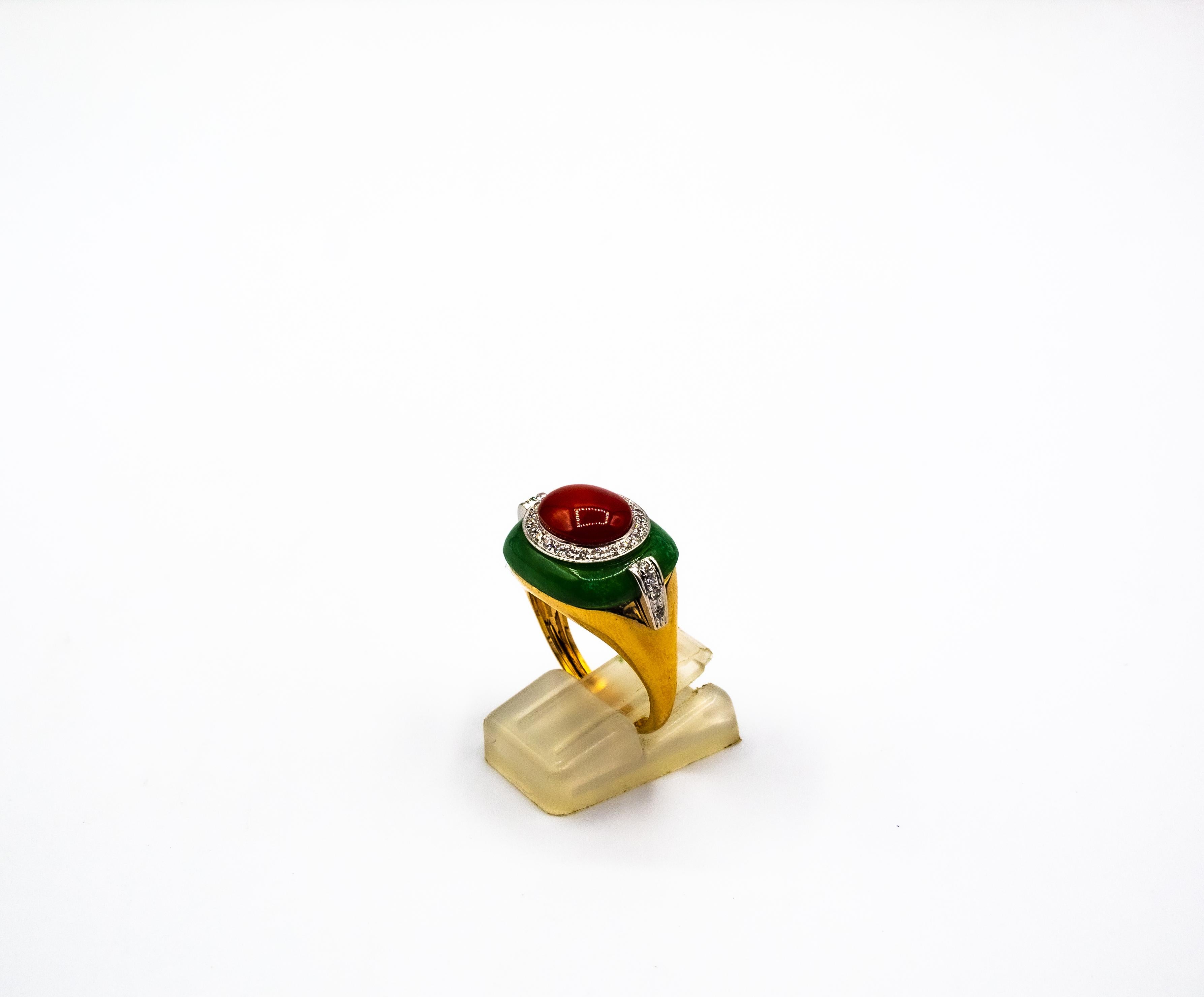 Art Deco Style Sardinia Red Coral White Diamond Jade Yellow Gold Cocktail Ring For Sale 2