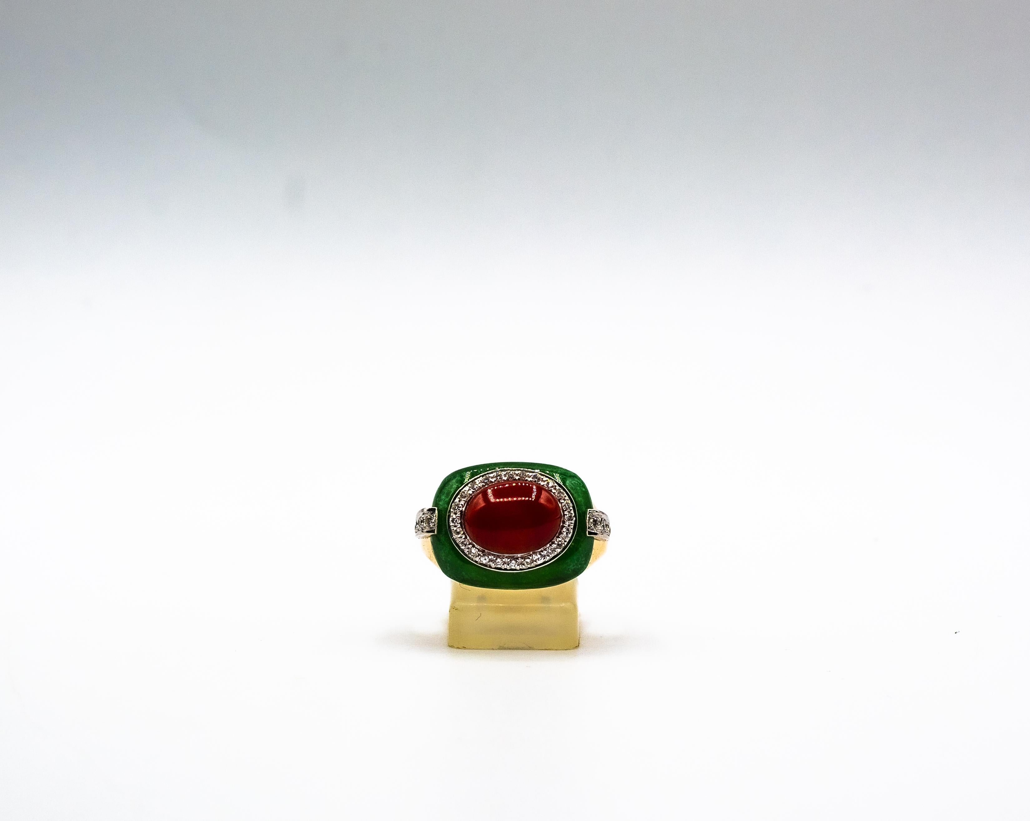 Art Deco Style Sardinia Red Coral White Diamond Jade Yellow Gold Cocktail Ring For Sale 3