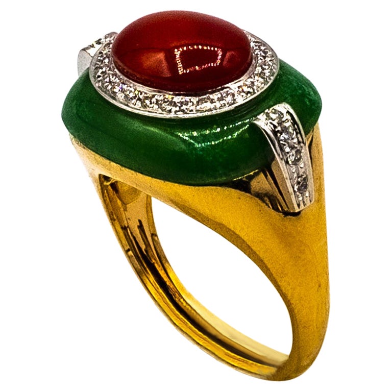 Art Deco Style Sardinia Red Coral White Diamond Jade Yellow Gold Cocktail Ring For Sale