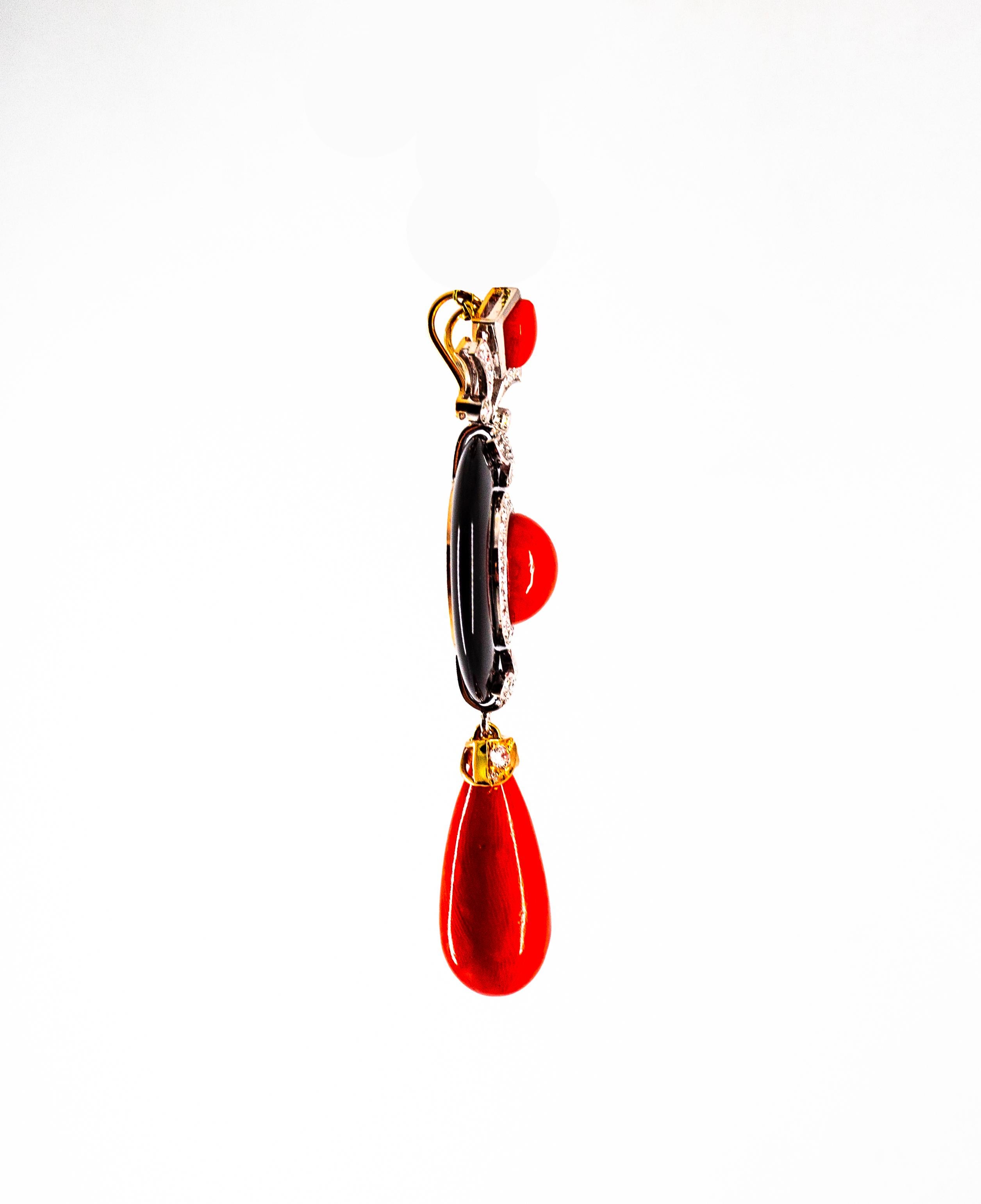 Art Deco Style Sardinia Red Coral White Diamond Onyx White Gold Pendant Necklace For Sale 5