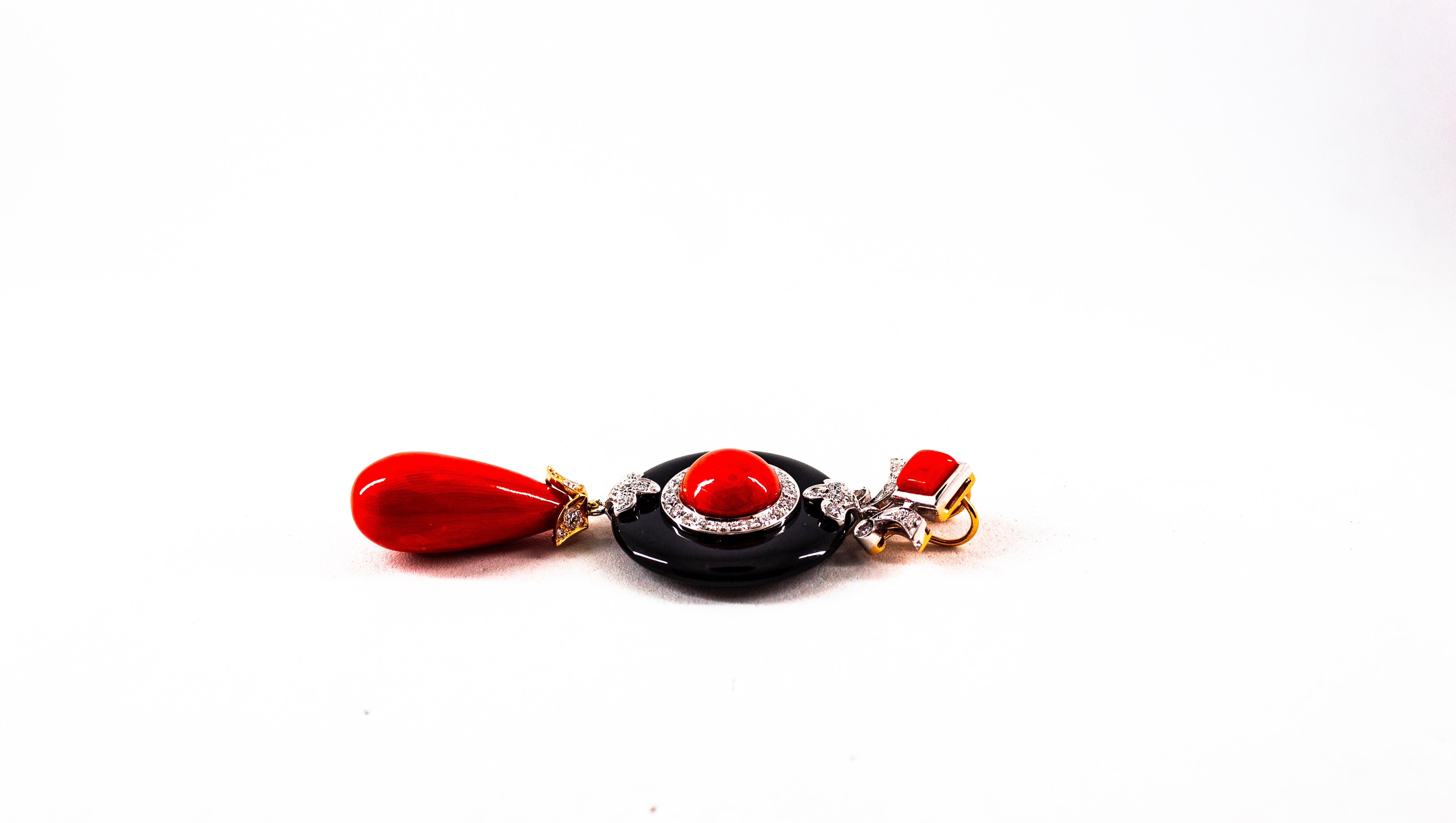Art Deco Style Sardinia Red Coral White Diamond Onyx White Gold Pendant Necklace For Sale 6