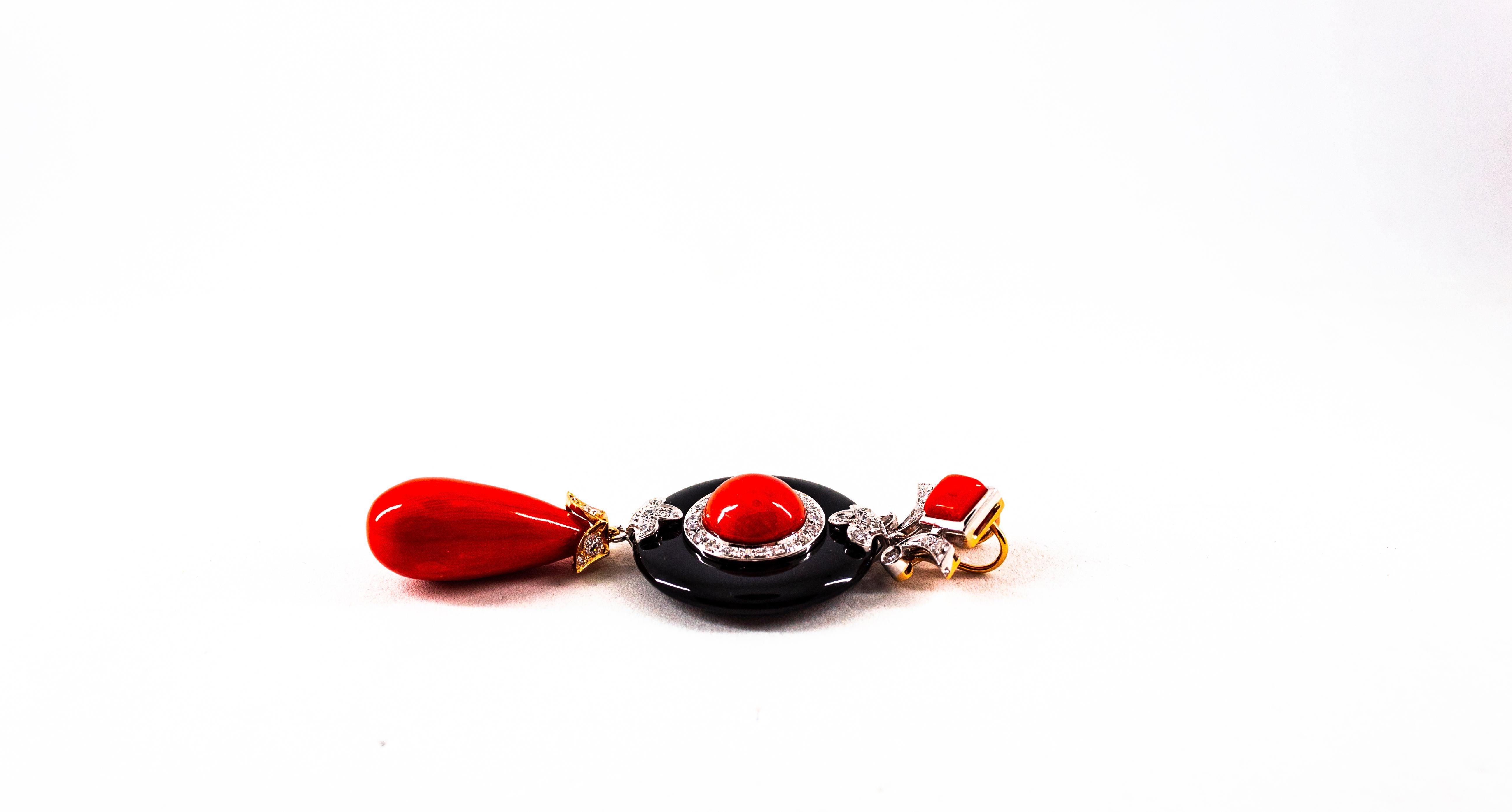 Art Deco Style Sardinia Red Coral White Diamond Onyx White Gold Pendant Necklace For Sale 7