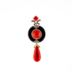 Art Deco Style Sardinia Red Coral White Diamond Onyx White Gold Pendant Necklace