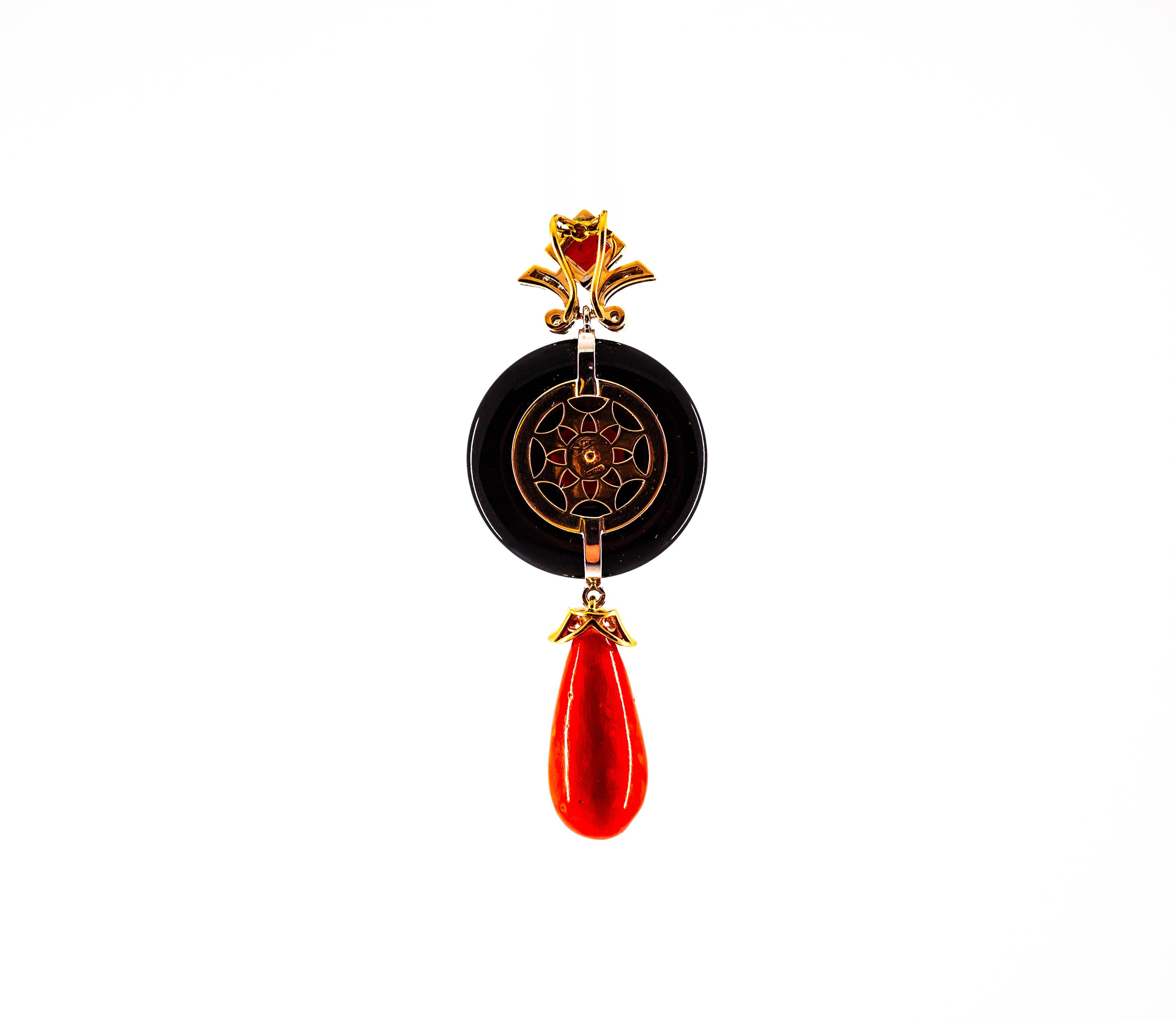 Collier pendentif en or blanc, corail rouge de Sardaigne, diamant blanc Onyx, style Art Déco Neuf - En vente à Naples, IT