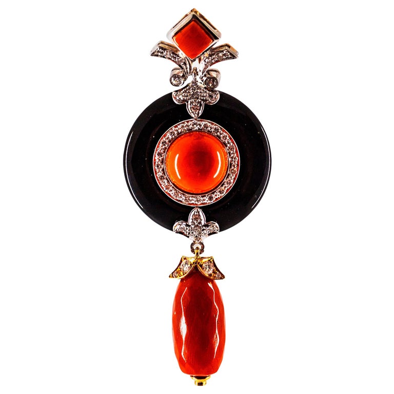 Art Deco Style Sardinia Red Coral White Diamond Onyx White Gold Pendant Necklace For Sale