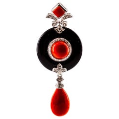 Art Deco Style Sardinia Red Coral White Diamond Onyx White Gold Pendant Necklace