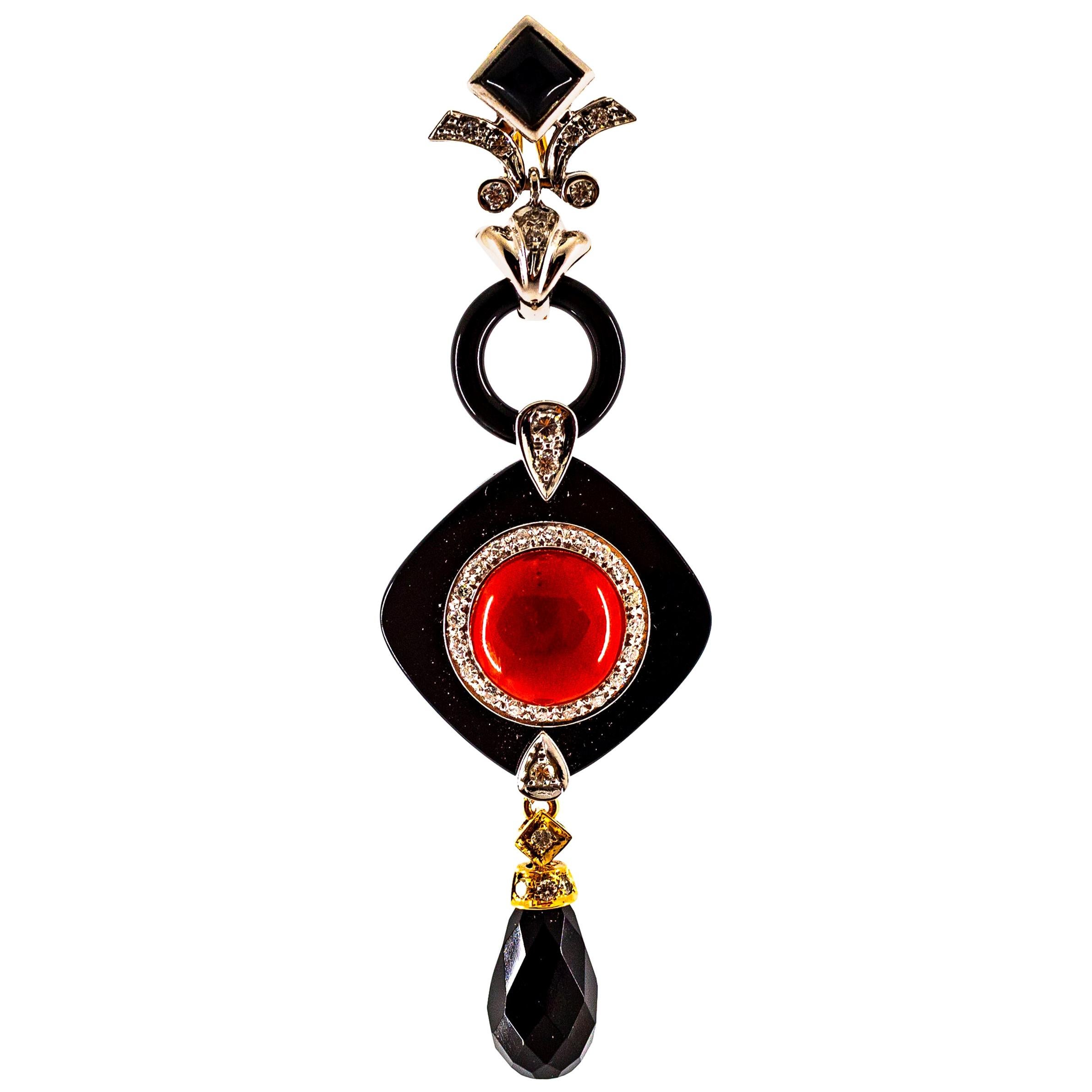 Art Deco Style Sardinia Red Coral White Diamond Onyx White Gold Pendant Necklace