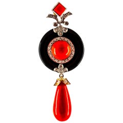 Collier pendentif en or blanc, corail rouge de Sardaigne, diamant blanc Onyx, style Art Déco
