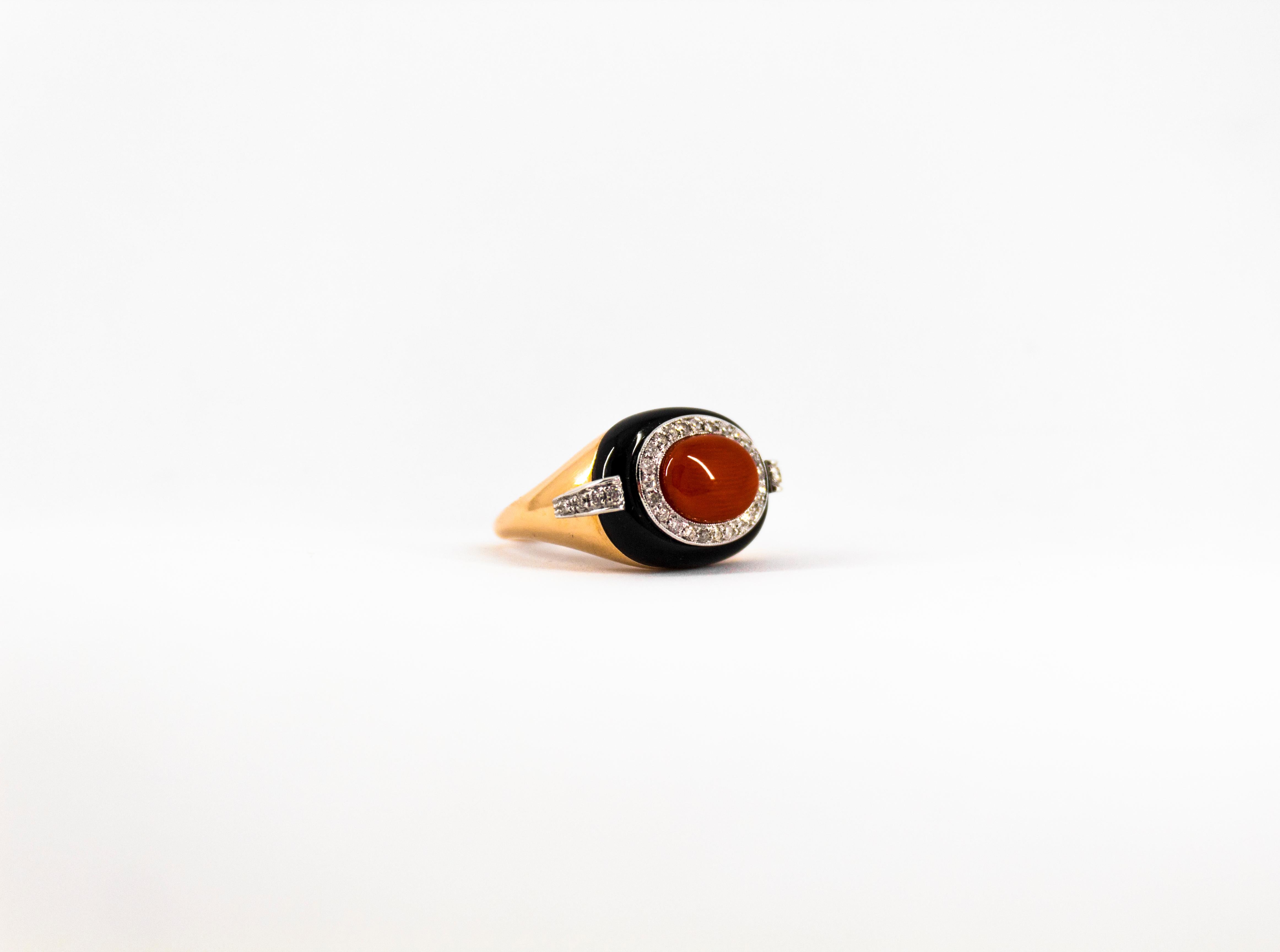 Art Deco Style Sardinia Red Coral White Diamond Onyx Yellow Gold Cocktail Ring For Sale 5