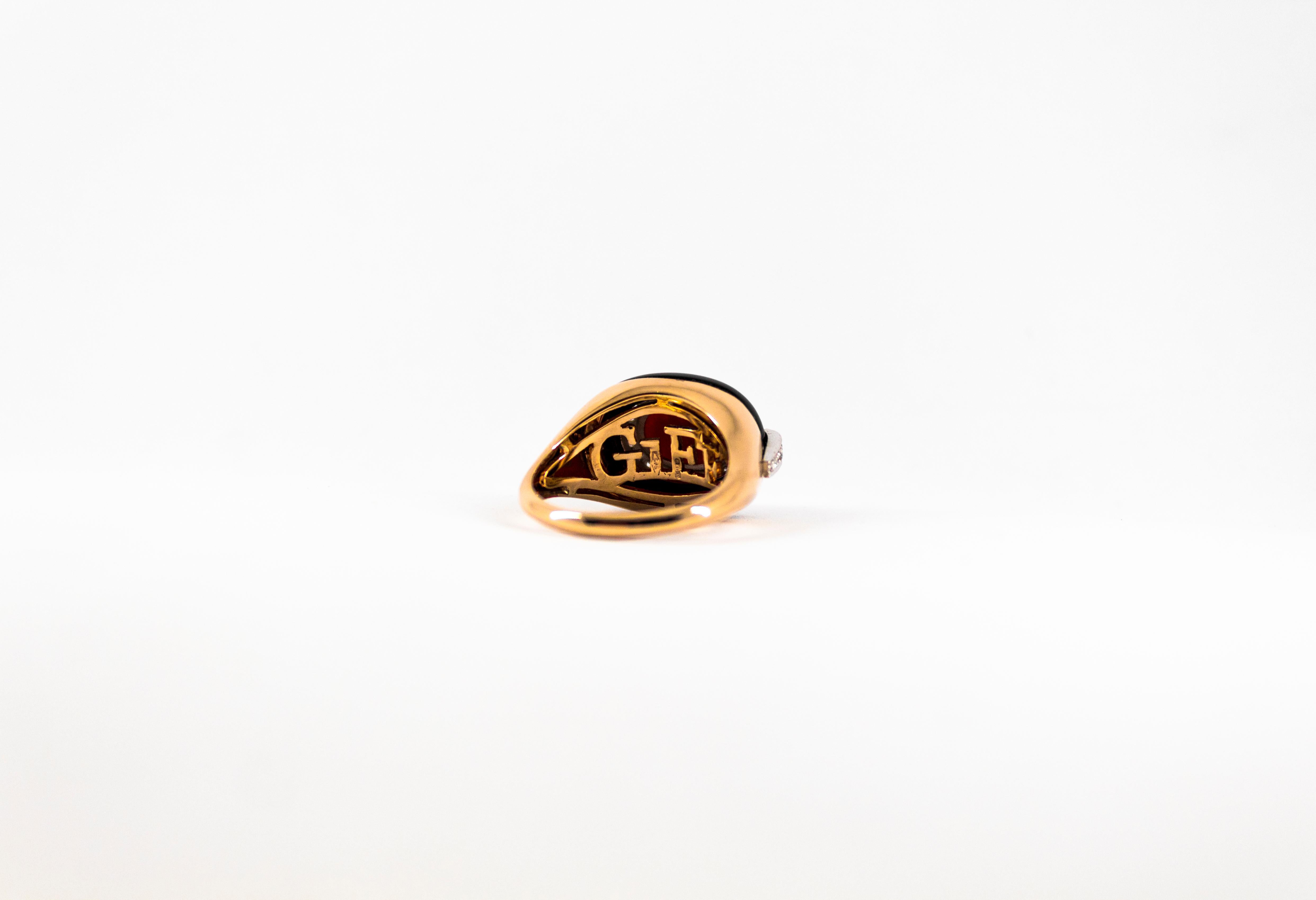 Art Deco Style Sardinia Red Coral White Diamond Onyx Yellow Gold Cocktail Ring For Sale 6