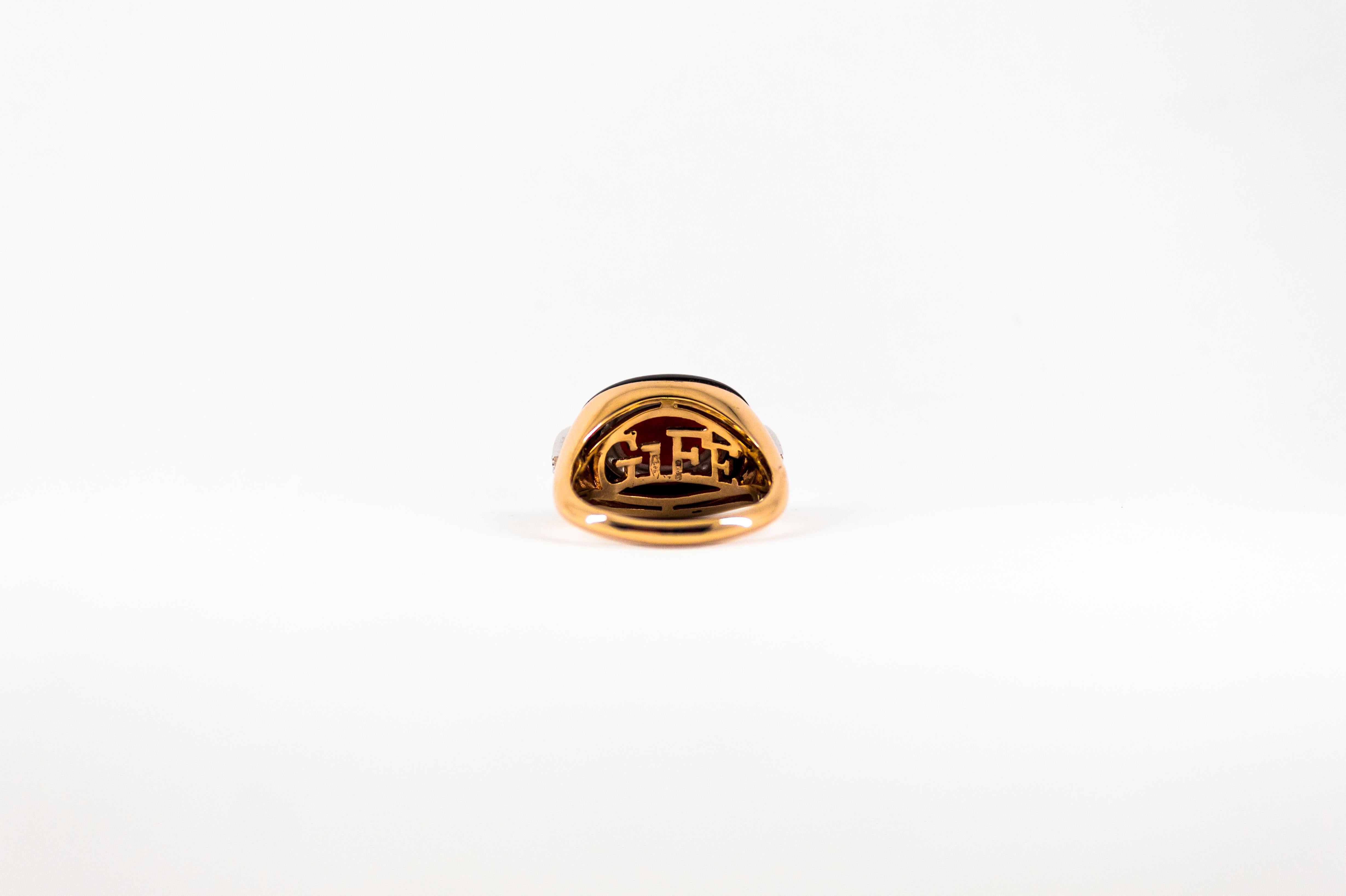 Art Deco Style Sardinia Red Coral White Diamond Onyx Yellow Gold Cocktail Ring For Sale 7