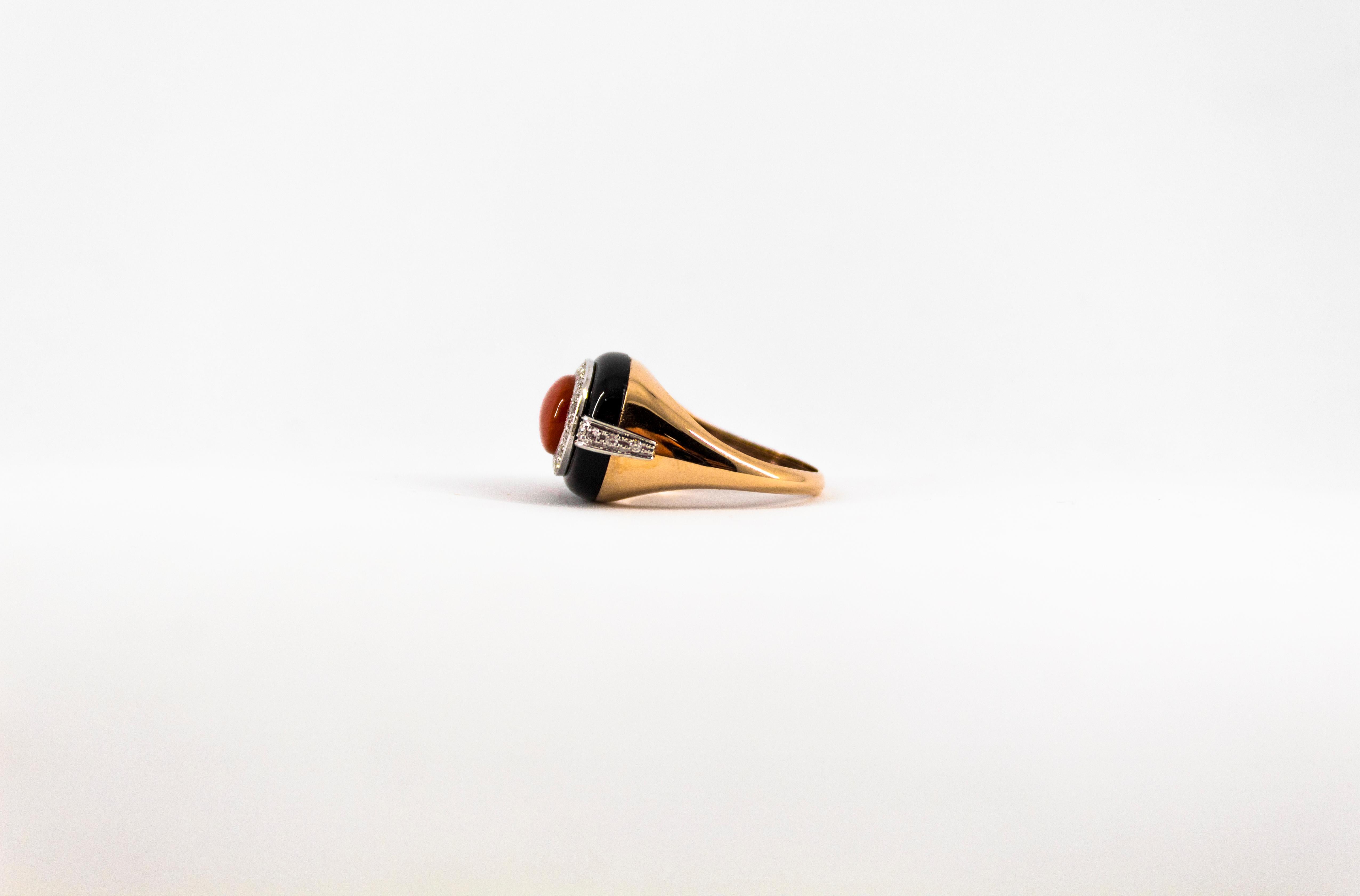 Art Deco Style Sardinia Red Coral White Diamond Onyx Yellow Gold Cocktail Ring For Sale 8