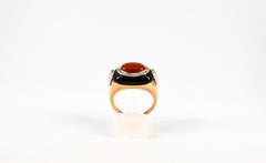 Art Deco Style Sardinia Red Coral White Diamond Onyx Yellow Gold Cocktail Ring