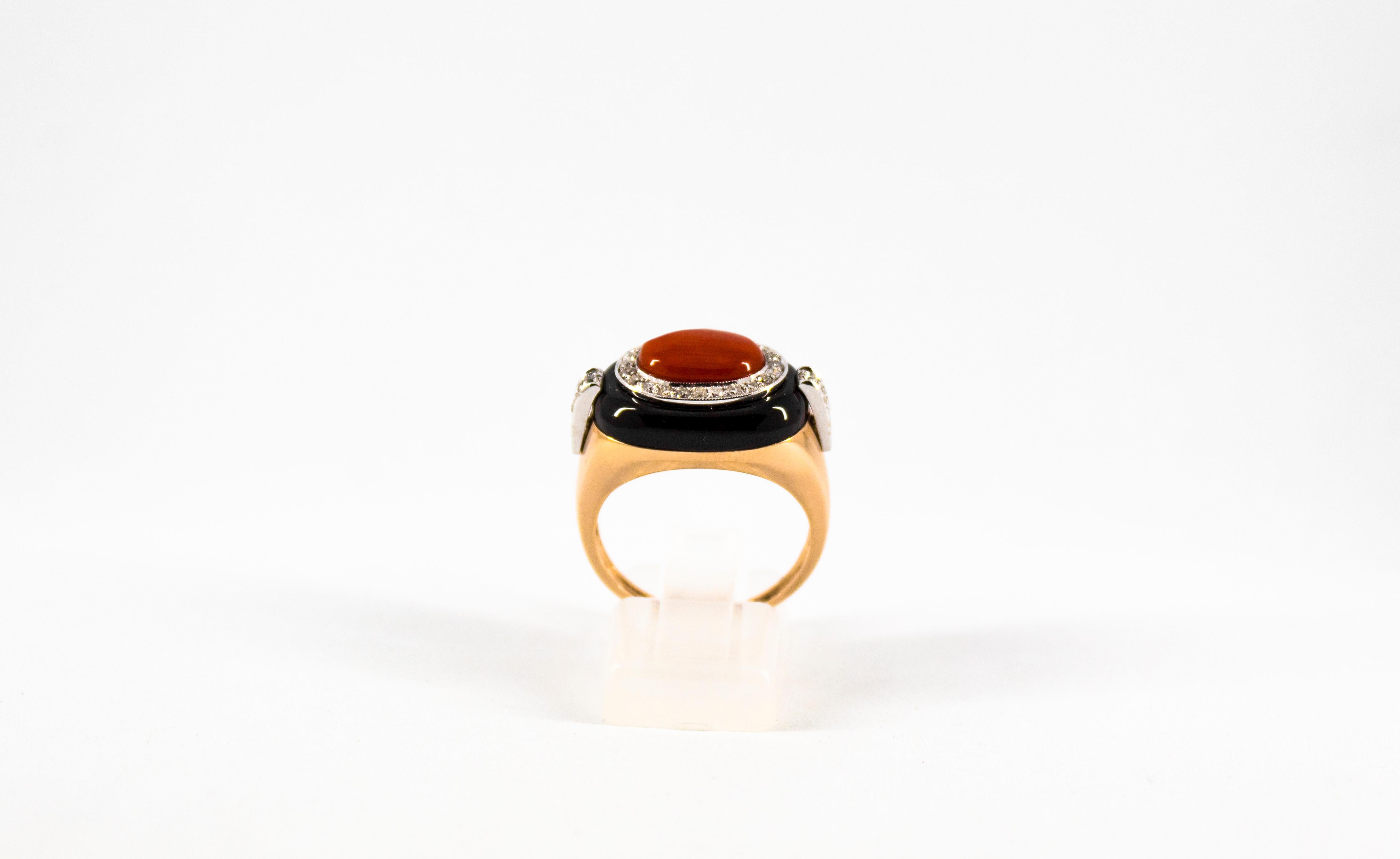 Brilliant Cut Art Deco Style Sardinia Red Coral White Diamond Onyx Yellow Gold Cocktail Ring For Sale
