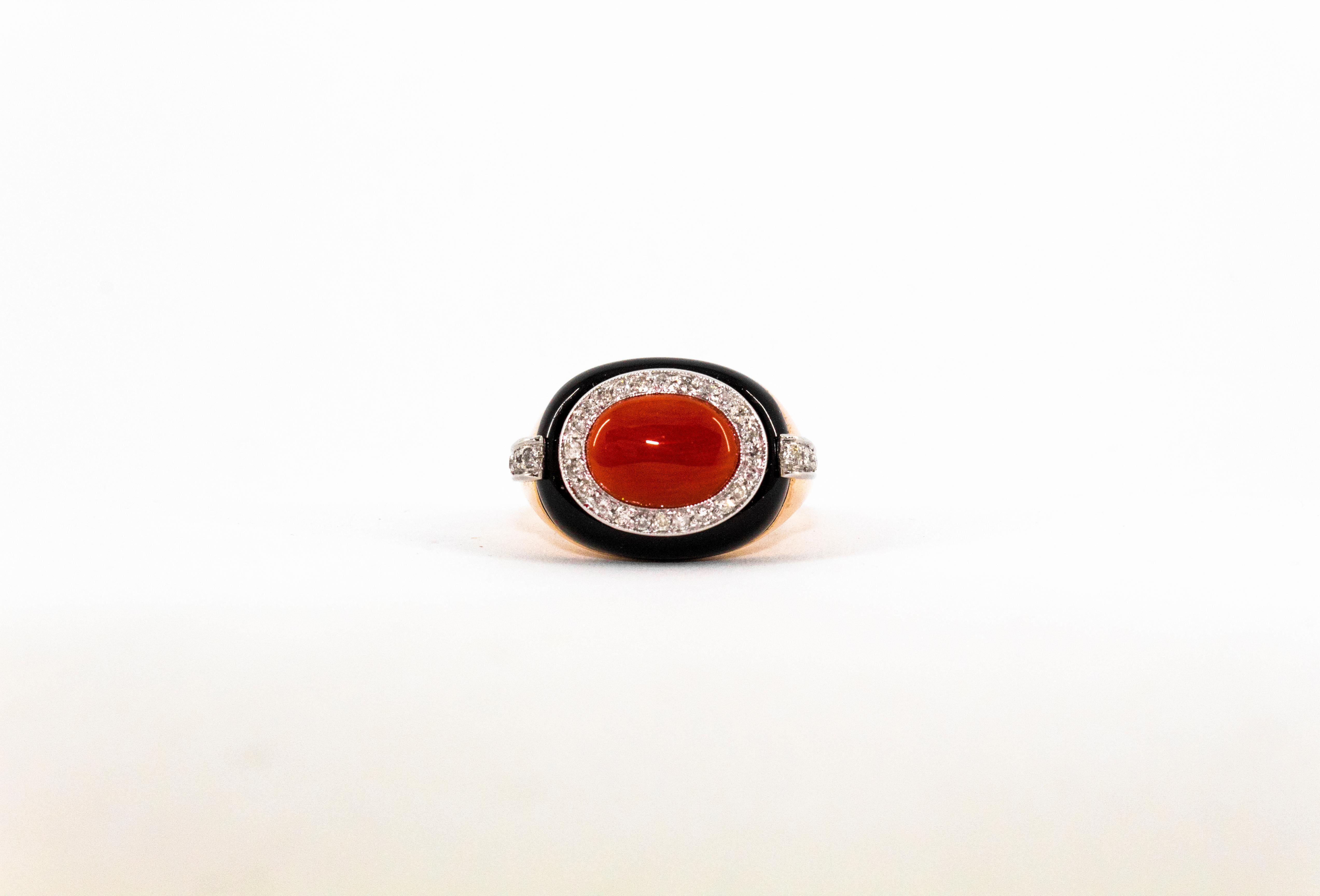 Art Deco Style Sardinia Red Coral White Diamond Onyx Yellow Gold Cocktail Ring In New Condition For Sale In Naples, IT
