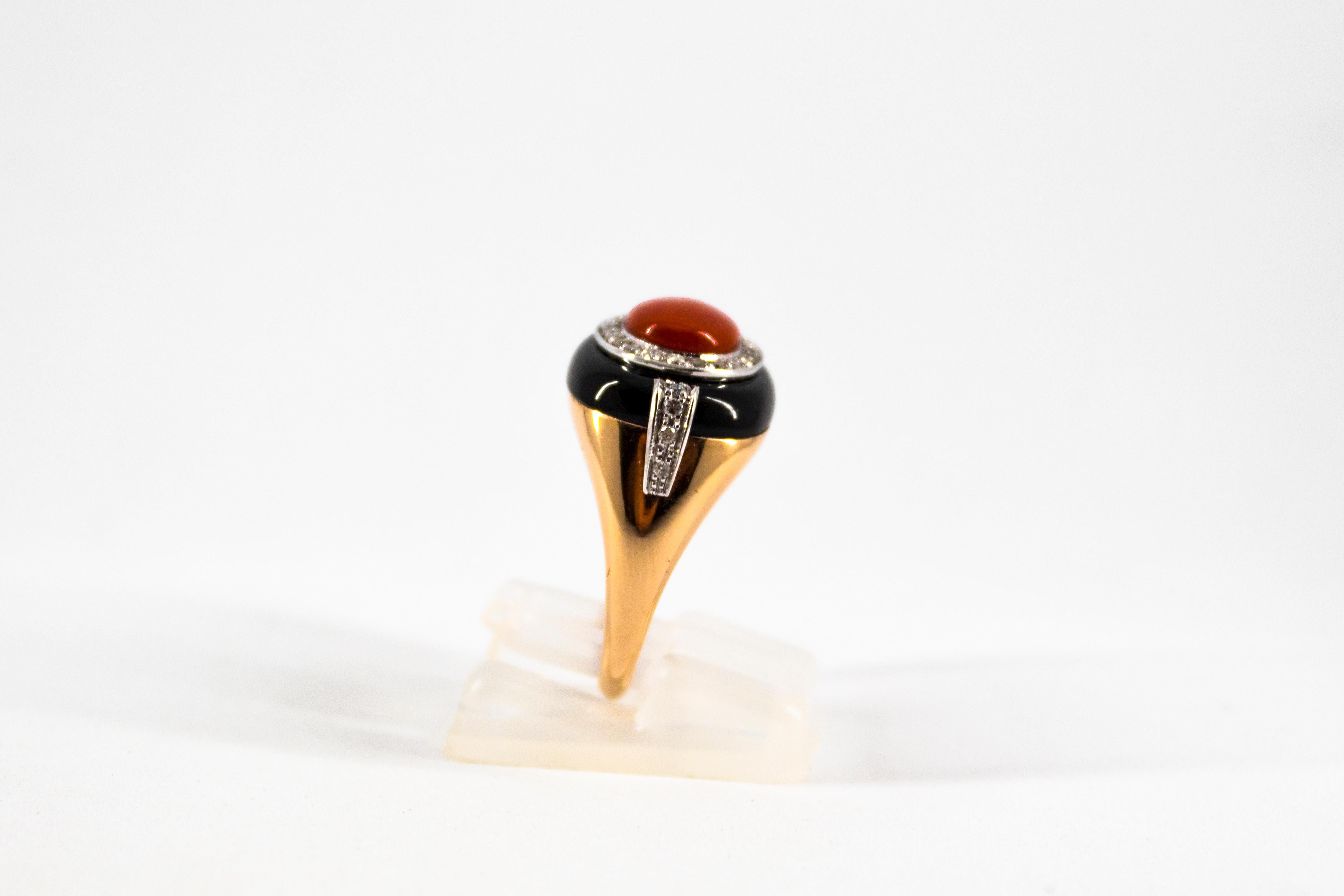Women's or Men's Art Deco Style Sardinia Red Coral White Diamond Onyx Yellow Gold Cocktail Ring For Sale