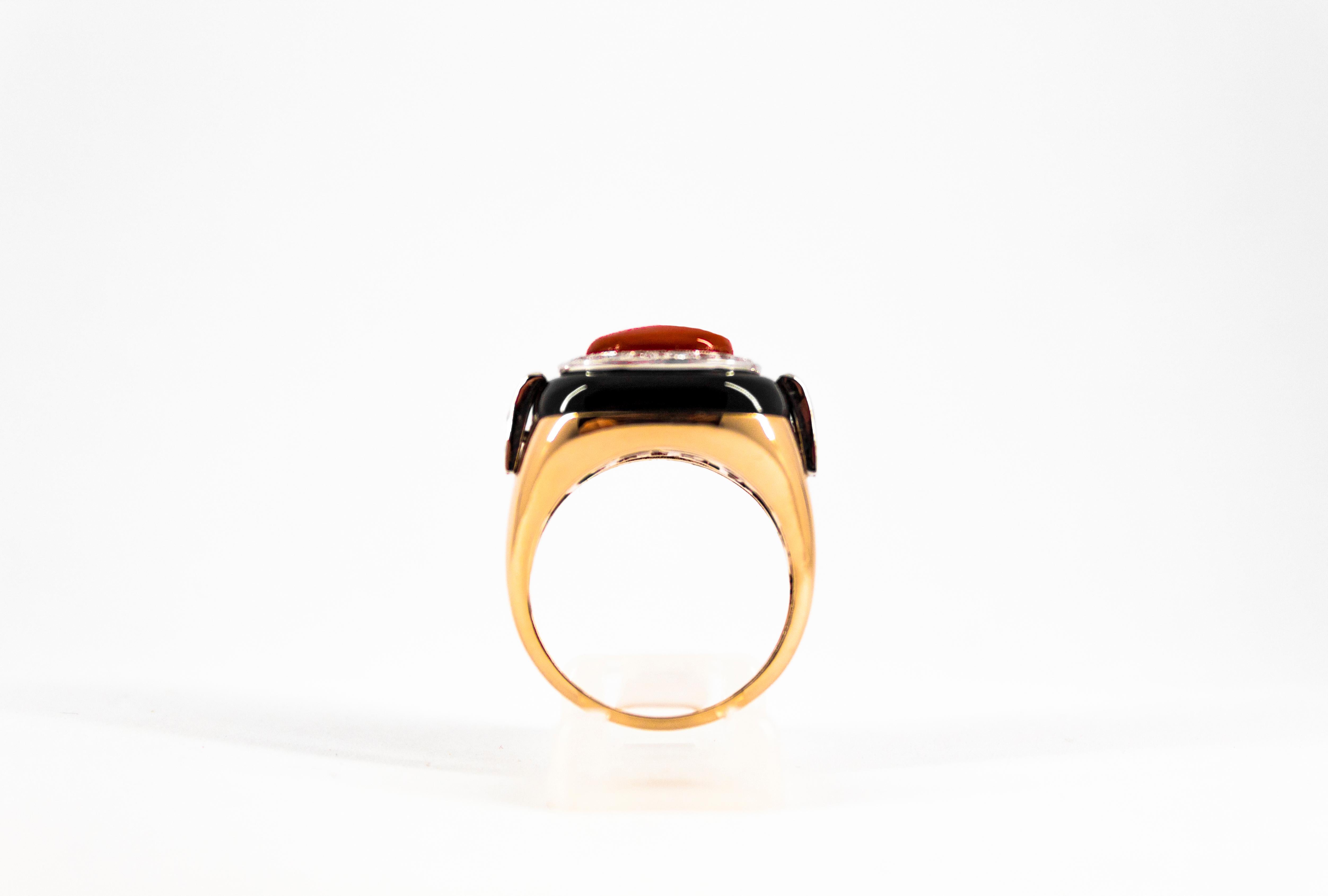 Women's or Men's Art Deco Style Sardinia Red Coral White Diamond Onyx Yellow Gold Cocktail Ring