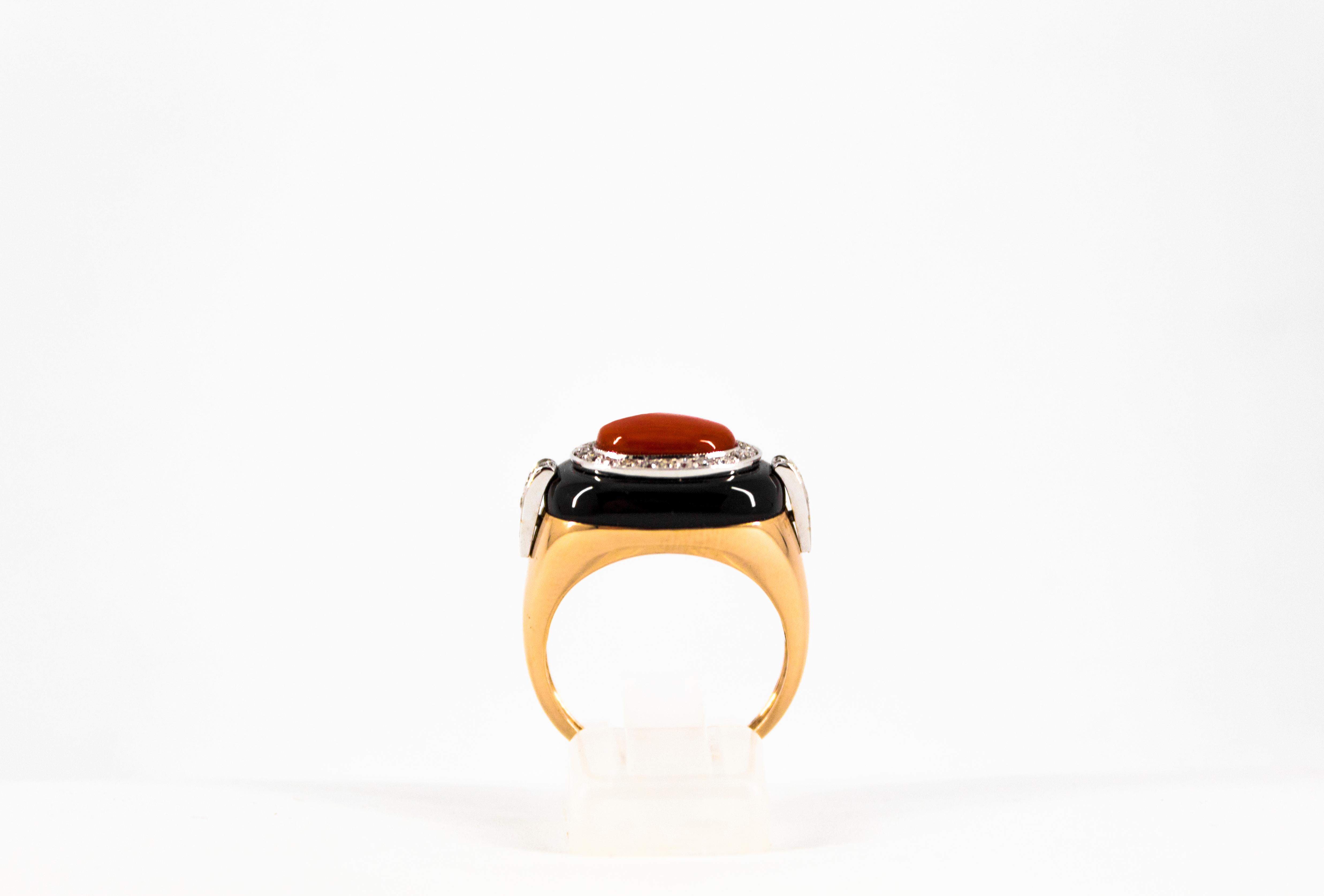 Art Deco Style Sardinia Red Coral White Diamond Onyx Yellow Gold Cocktail Ring For Sale 2