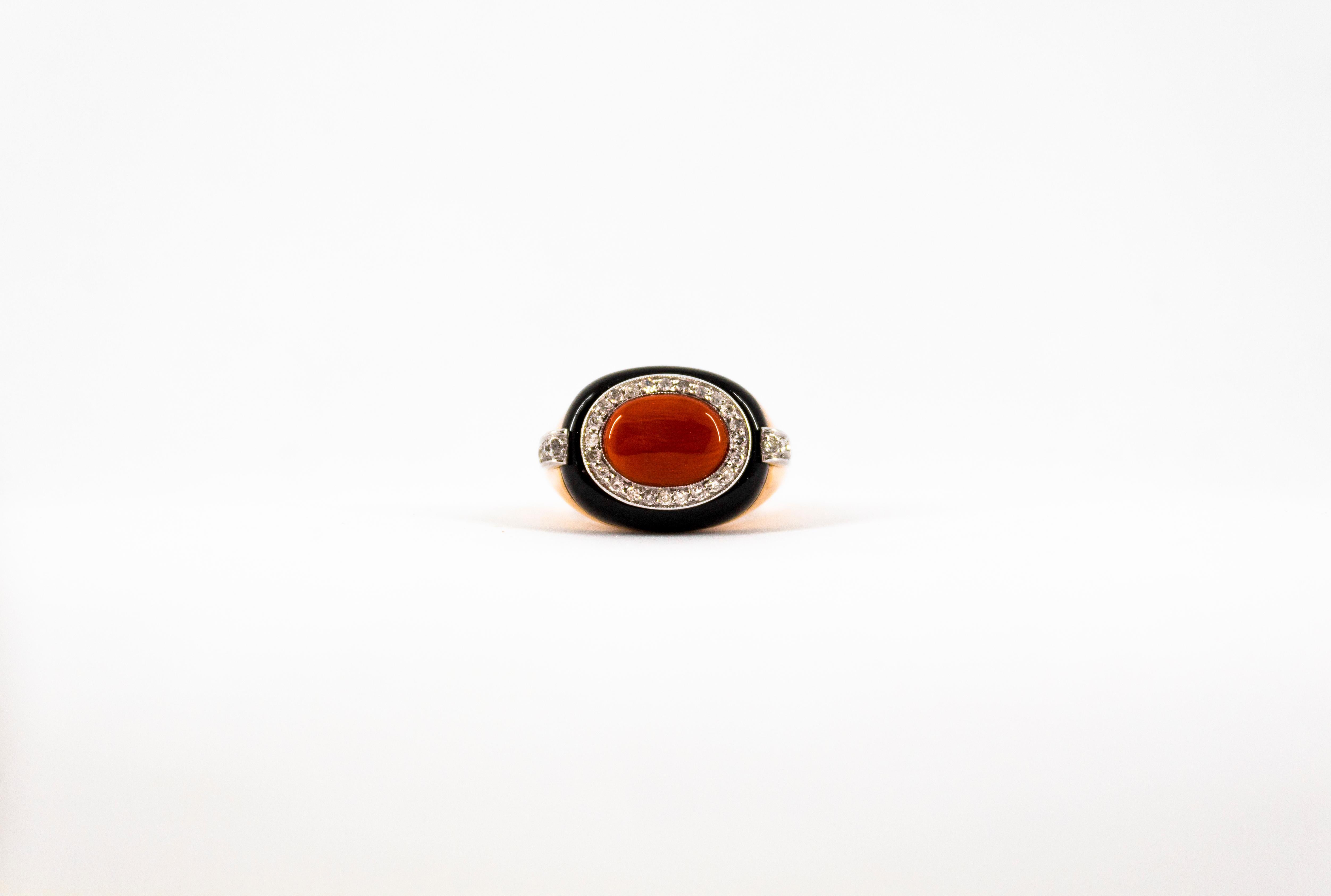 Art Deco Style Sardinia Red Coral White Diamond Onyx Yellow Gold Cocktail Ring For Sale 3