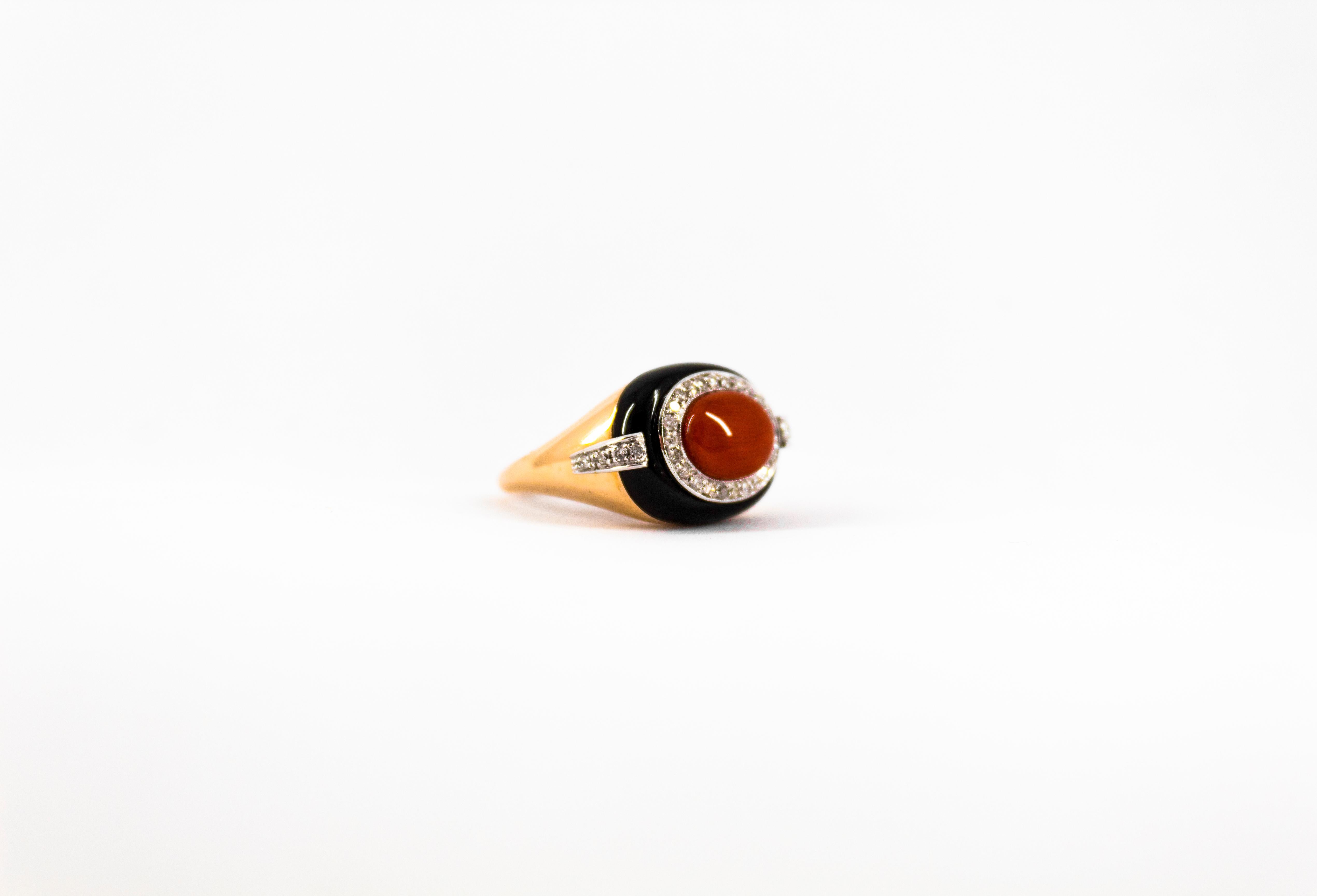 Art Deco Style Sardinia Red Coral White Diamond Onyx Yellow Gold Cocktail Ring For Sale 4