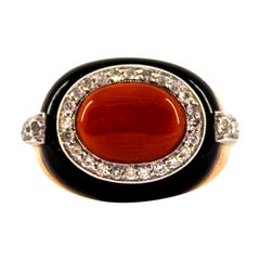 Art Deco Style Sardinia Red Coral White Diamond Onyx Yellow Gold Cocktail Ring