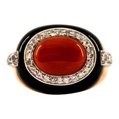 Art Deco Style Sardinia Red Coral White Diamond Onyx Yellow Gold Cocktail Ring