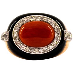Art Deco Style Sardinia Red Coral White Diamond Onyx Yellow Gold Cocktail Ring