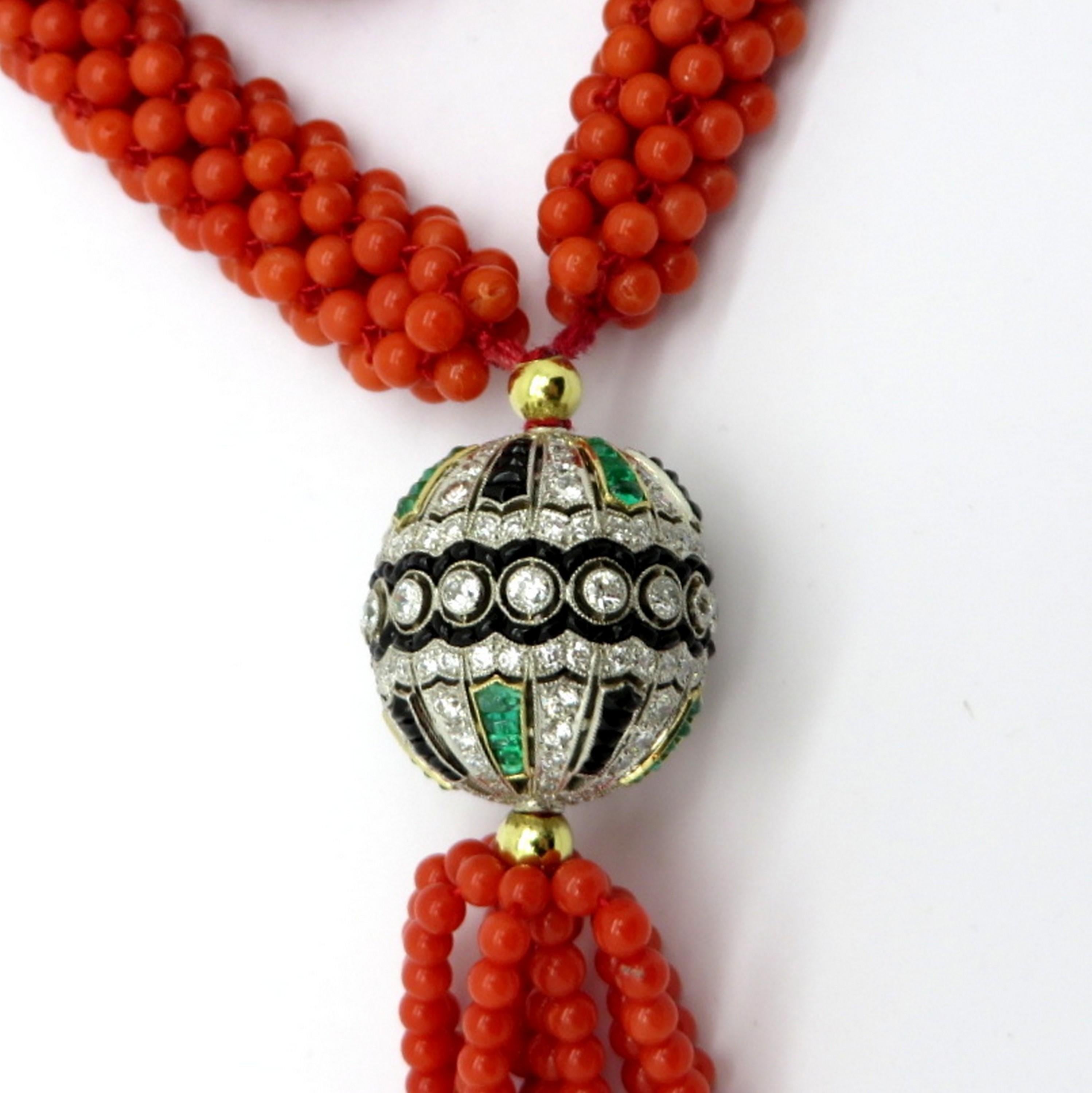 Art Deco Style Sautoir Red Coral Bead Diamond Emerald and Onyx Platinum Necklace In Excellent Condition For Sale In Scottsdale, AZ