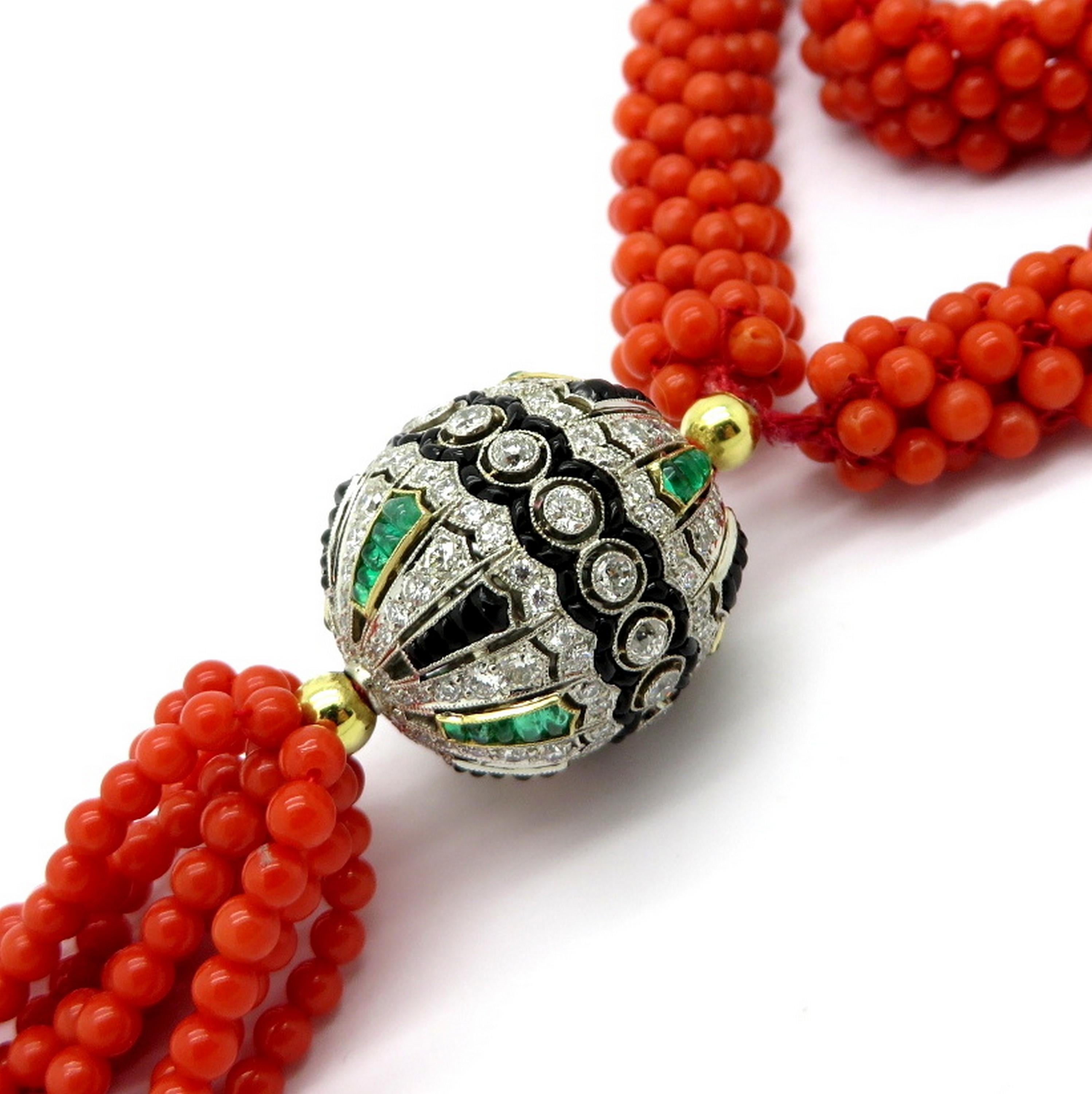Women's Art Deco Style Sautoir Red Coral Bead Diamond Emerald and Onyx Platinum Necklace For Sale
