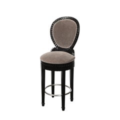 Art Deco Style Scalloped & Fluted Detailed Ebonized Walnut Swiveling Barstools