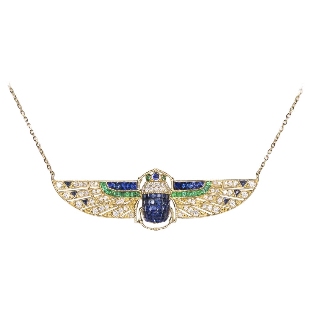 Art Deco Style Scarab Necklace Pendant Diamond Sapphire Emerald 14k Gold