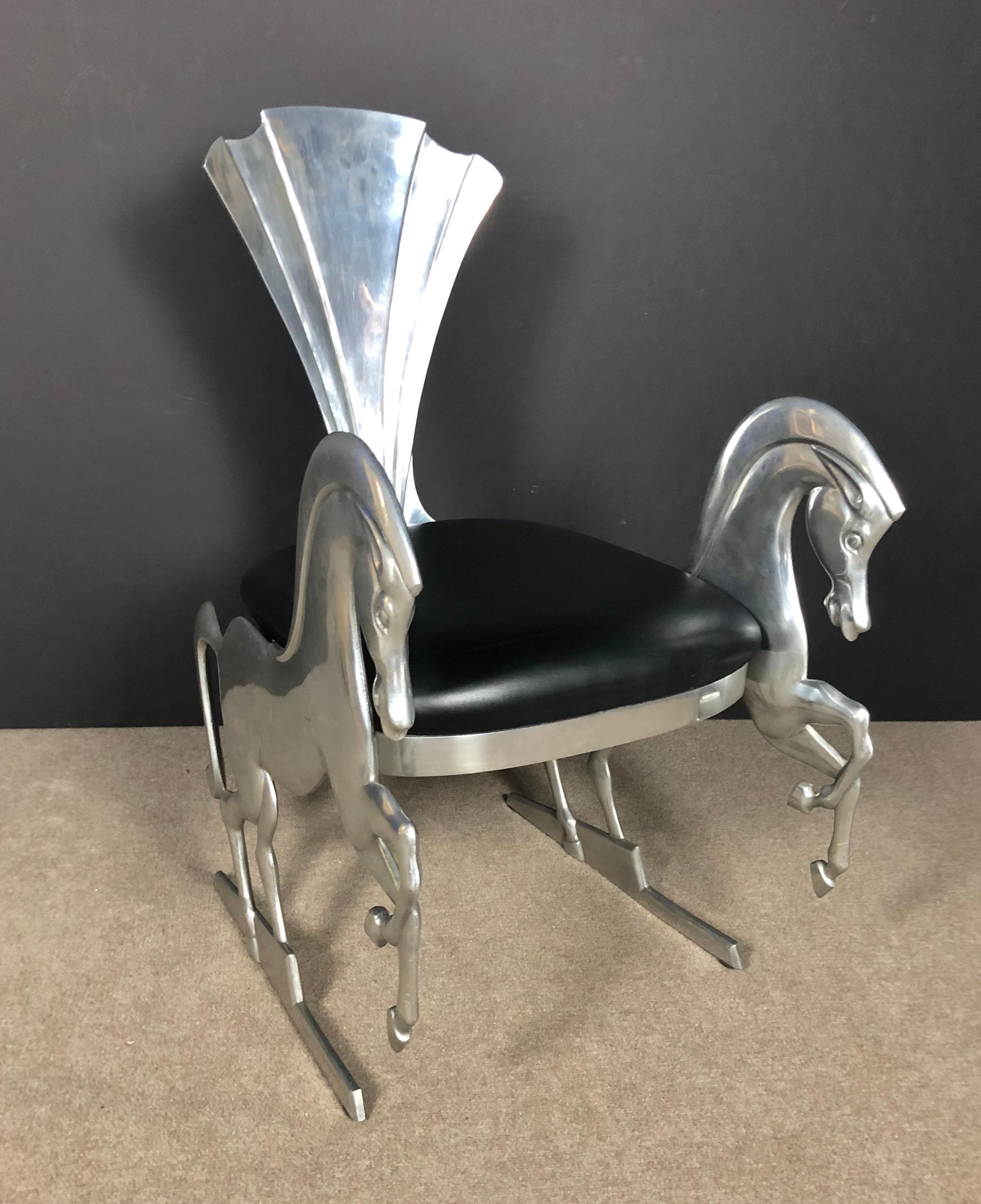 More art than chair. Art Modern or Postmodern with an Art Deco influence. Sculptural cast aluminum horse chair by Ray Lewis. Designer cast aluminum and leather chair.
Makers Mark: Fauna Collection by Ray Lewis HORSE chair number 4 of 950.

Fauna