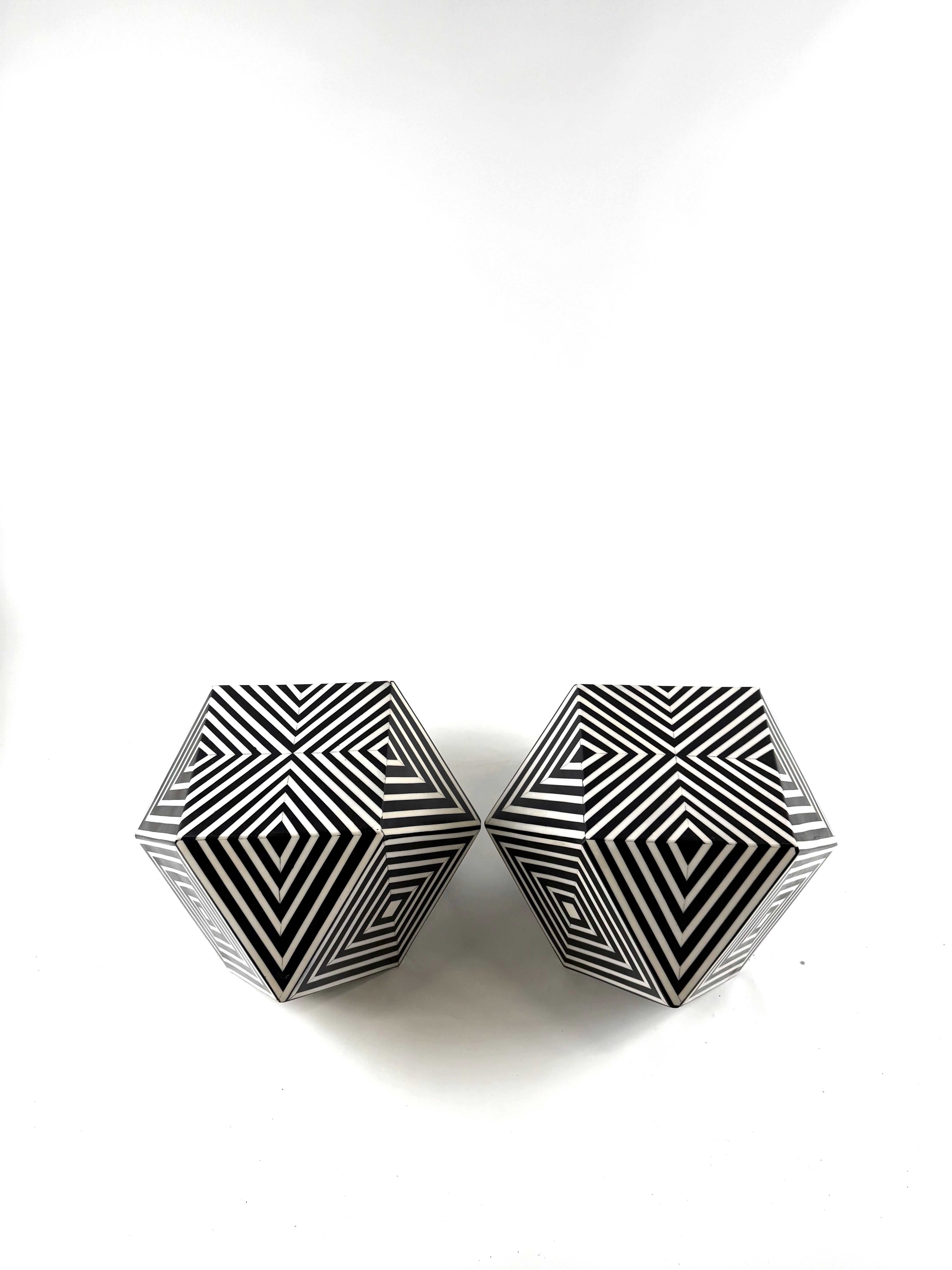 Hand-Crafted Art Deco Style Sculptural Resin Black and White Side or End Table, a Pair For Sale