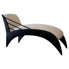 Art Deco Style Sculptural Wood Chaise Lounge in Cream Boucle Modern