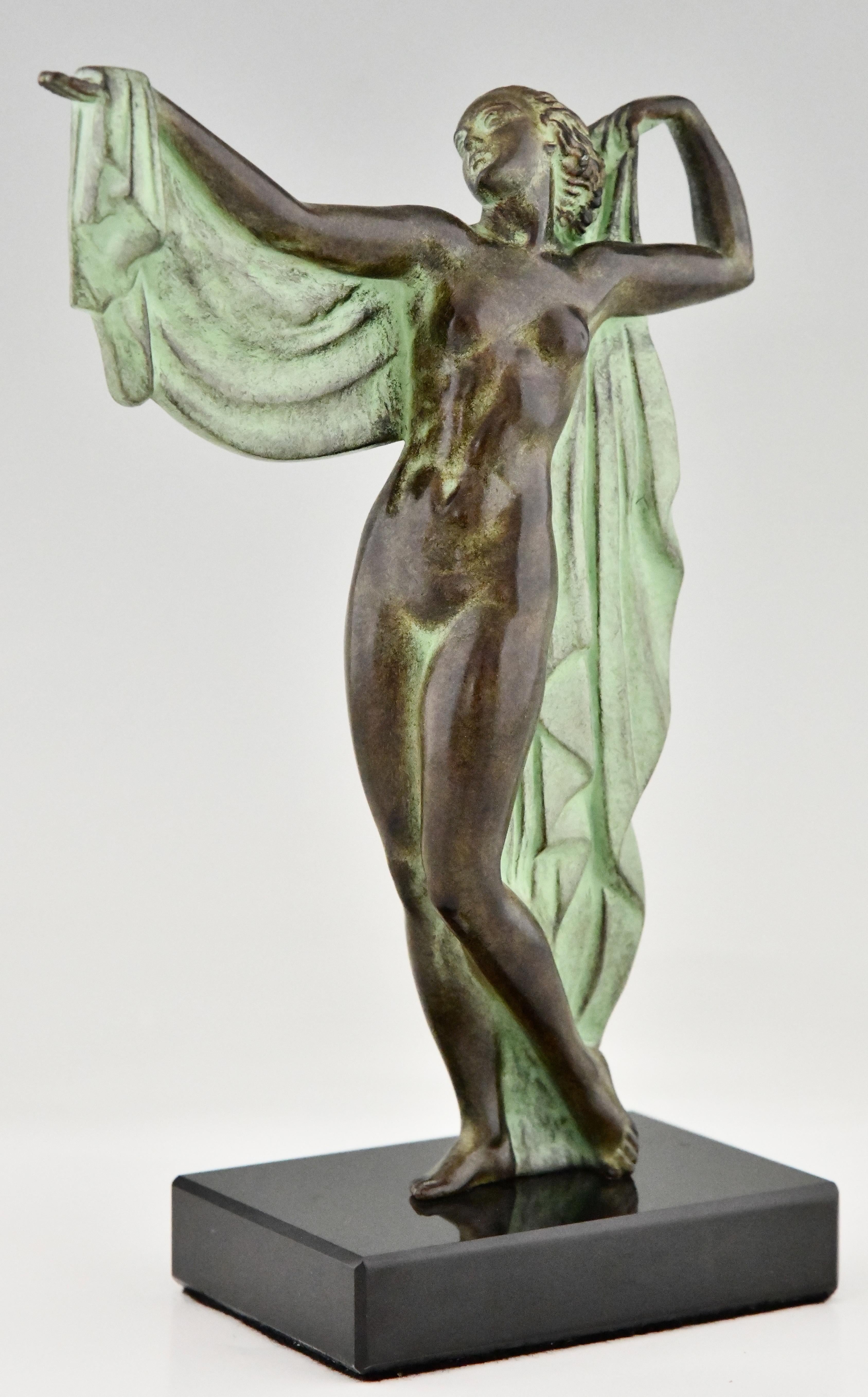 Art Deco style sculpture nude bather VENUS by Fayral, pseudonym of Pierre Le Faguays with Le Verrier foundry seal. 
Patinated Art Metal on a Black marble base. 
Design 1930.
Posthumous contemporary cast of the Le Verrier foundry. 
With certificate