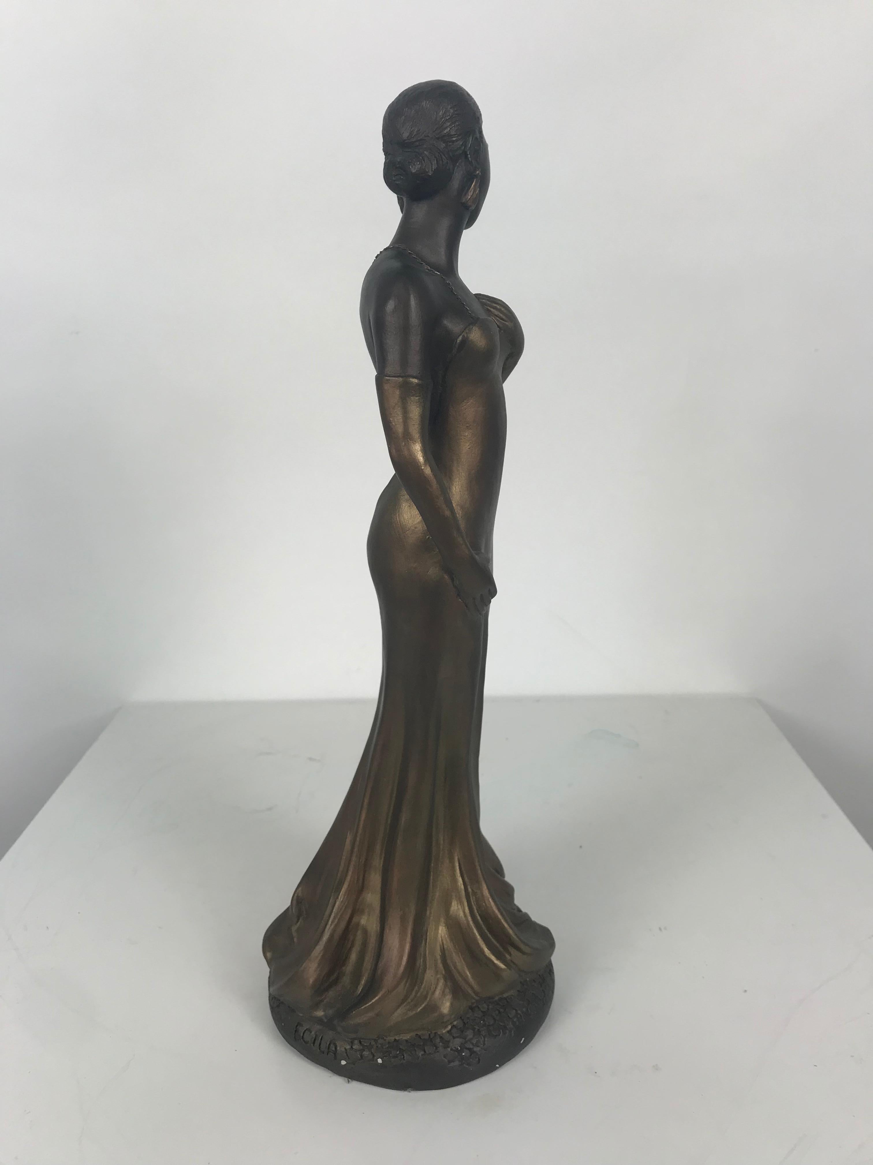 Art Deco style sculpture, Ecila 'Jazz Singer' elegant female, stunning depiction and detail, plaster cast bronze clad finish, signed Ecila, attributed to Austin Products.