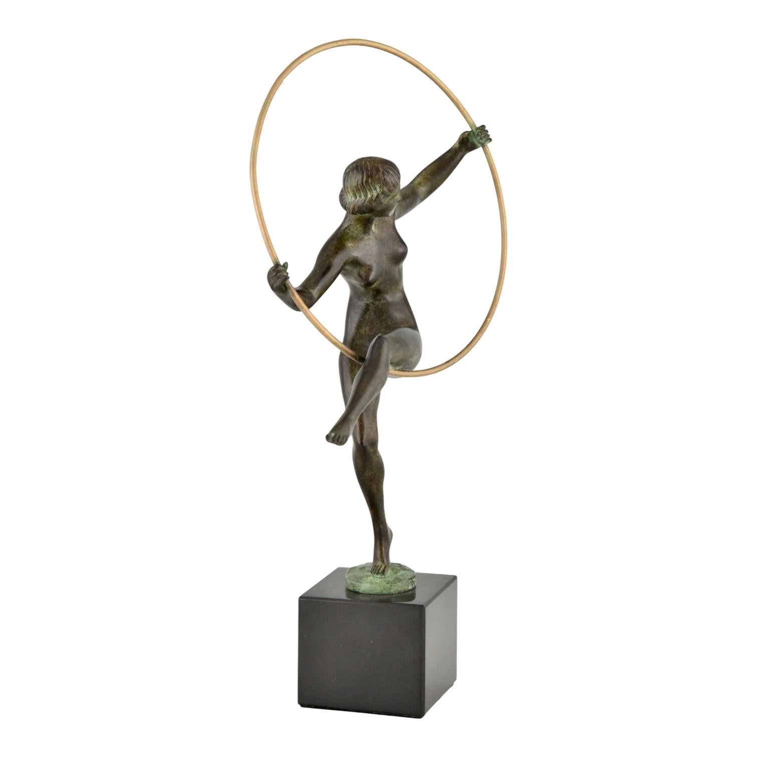 French Art Deco style sculpture hoop dancer Briand Marcel Bouraine for Max le Verrier For Sale