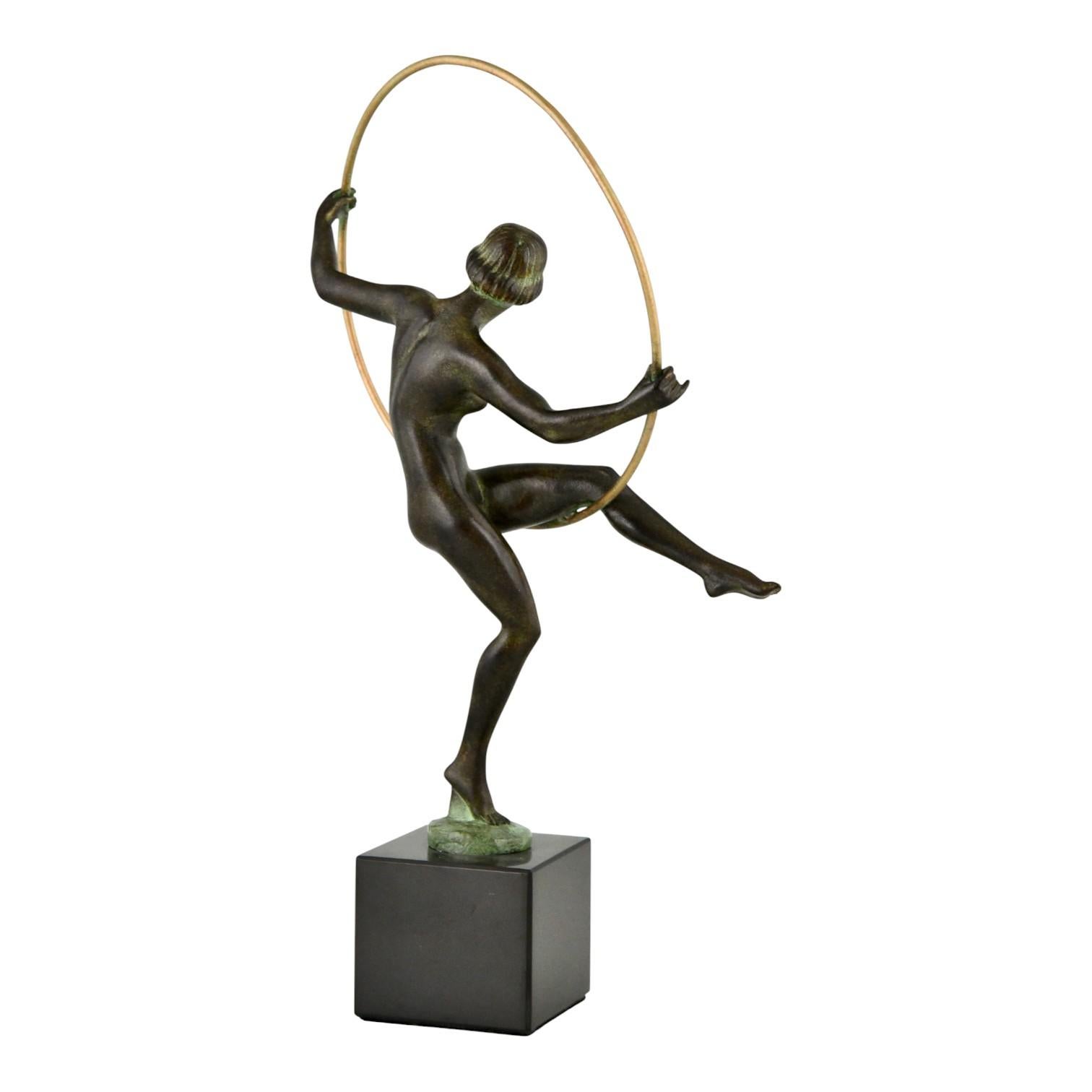 Patinated Art Deco style sculpture hoop dancer Briand Marcel Bouraine for Max le Verrier For Sale