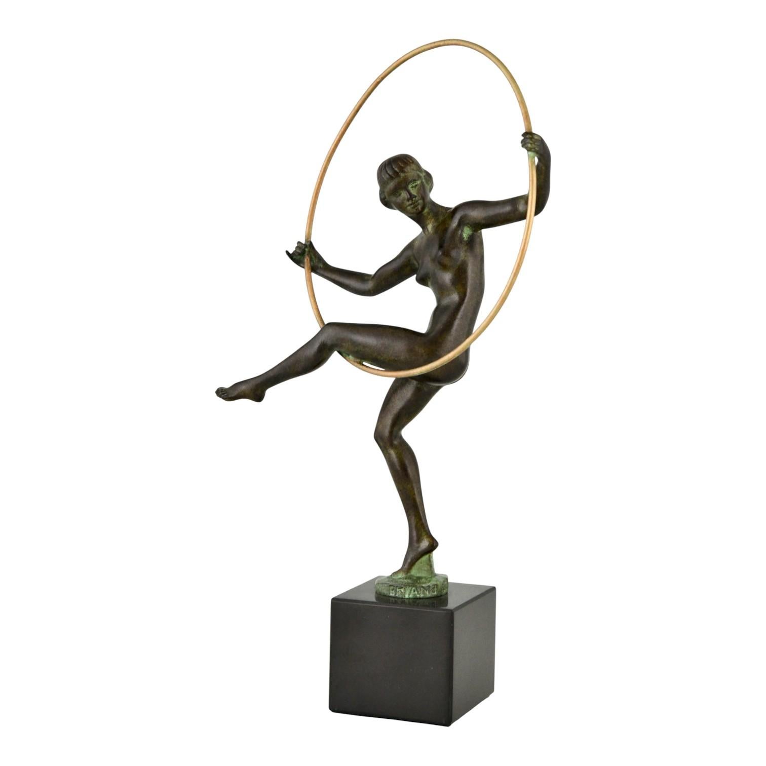 Belgian Black Marble Art Deco style sculpture hoop dancer Briand Marcel Bouraine for Max le Verrier For Sale