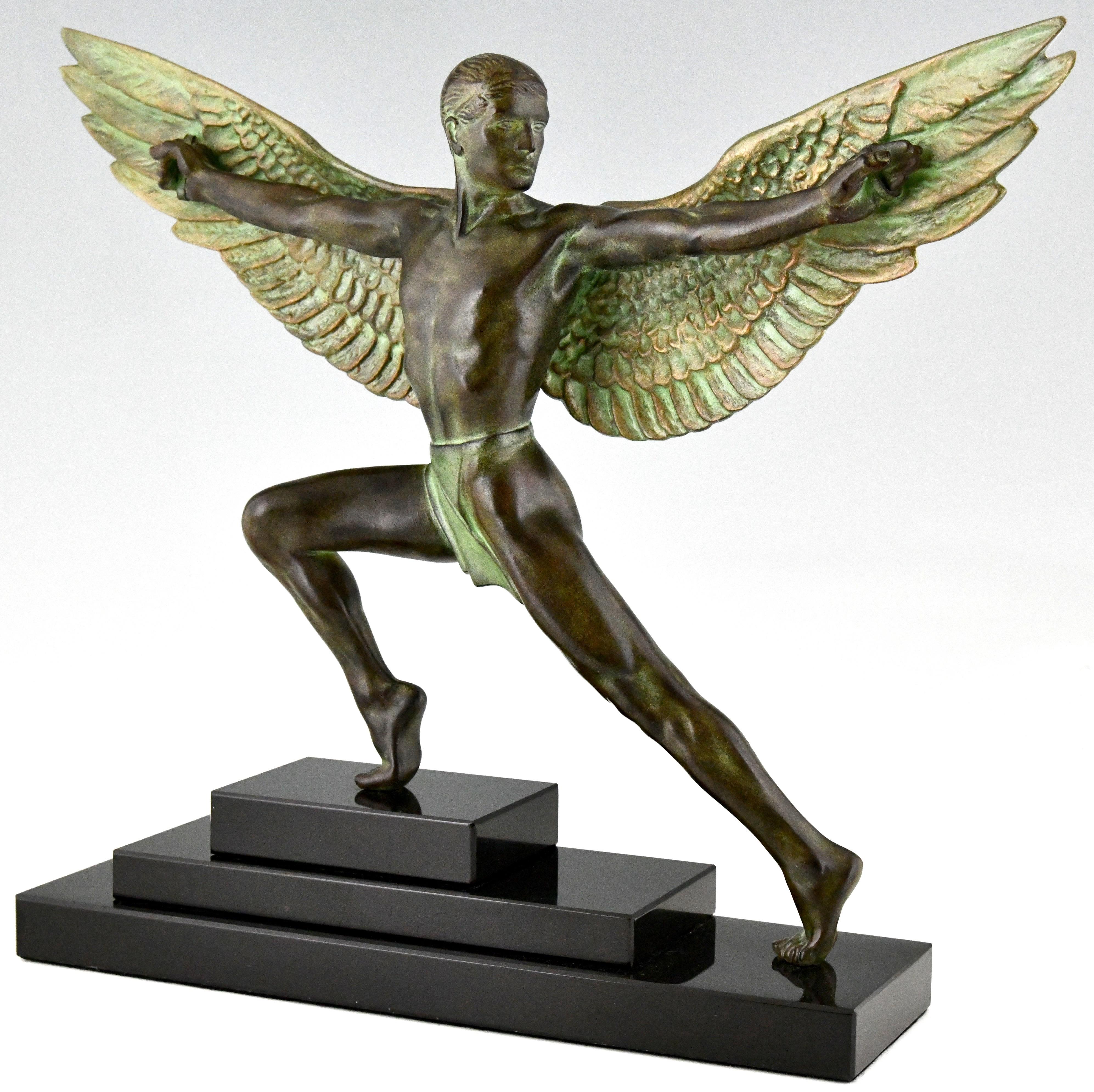 Art Deco style sculpture of Icarus winged male nude. 
Signed by Max Le Verrier Art metal with lovely patina mounted on a Black marble base. 
With foundry seal. 
Designed circa 1930.
Contemporary cast. 

Literature:
Statuettes of the Art Deco
