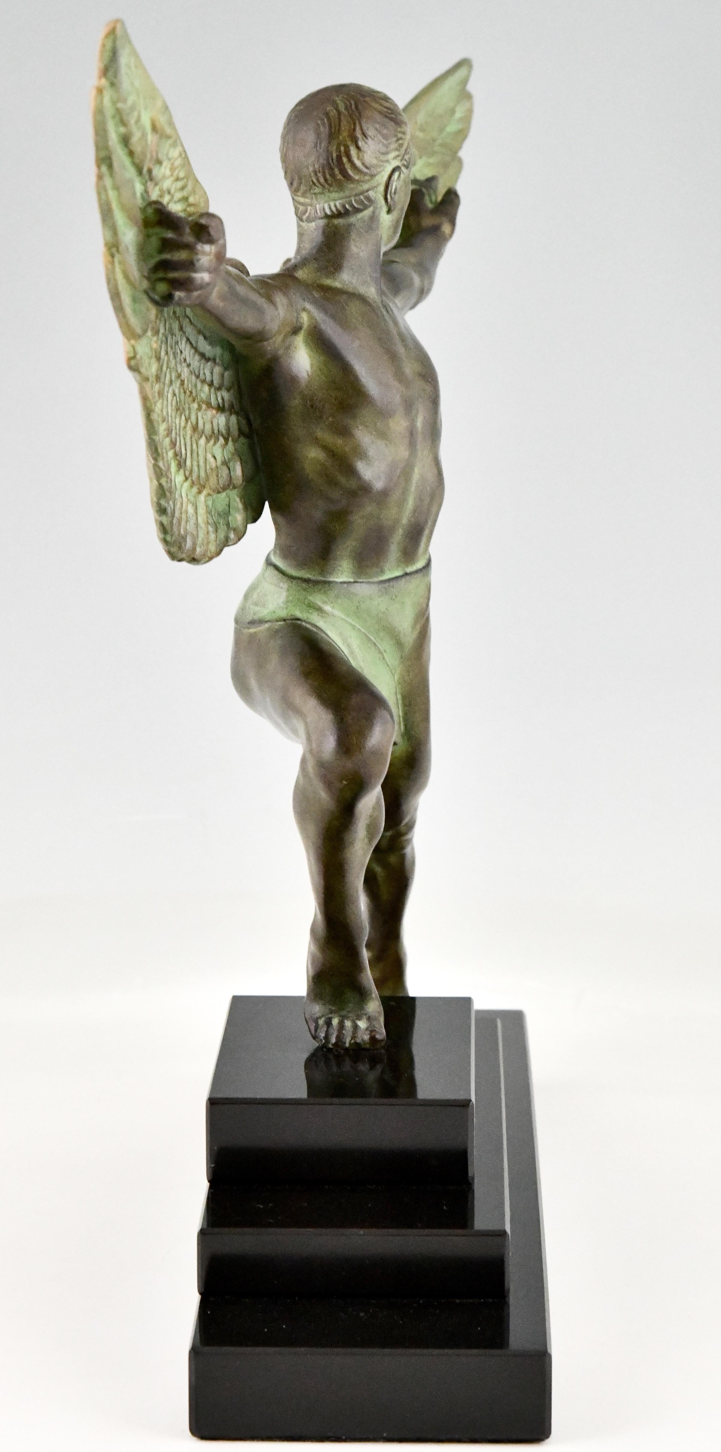 Patinated Art Deco Style Sculpture Icarus Winged Male Nude Max Le Verrier, France