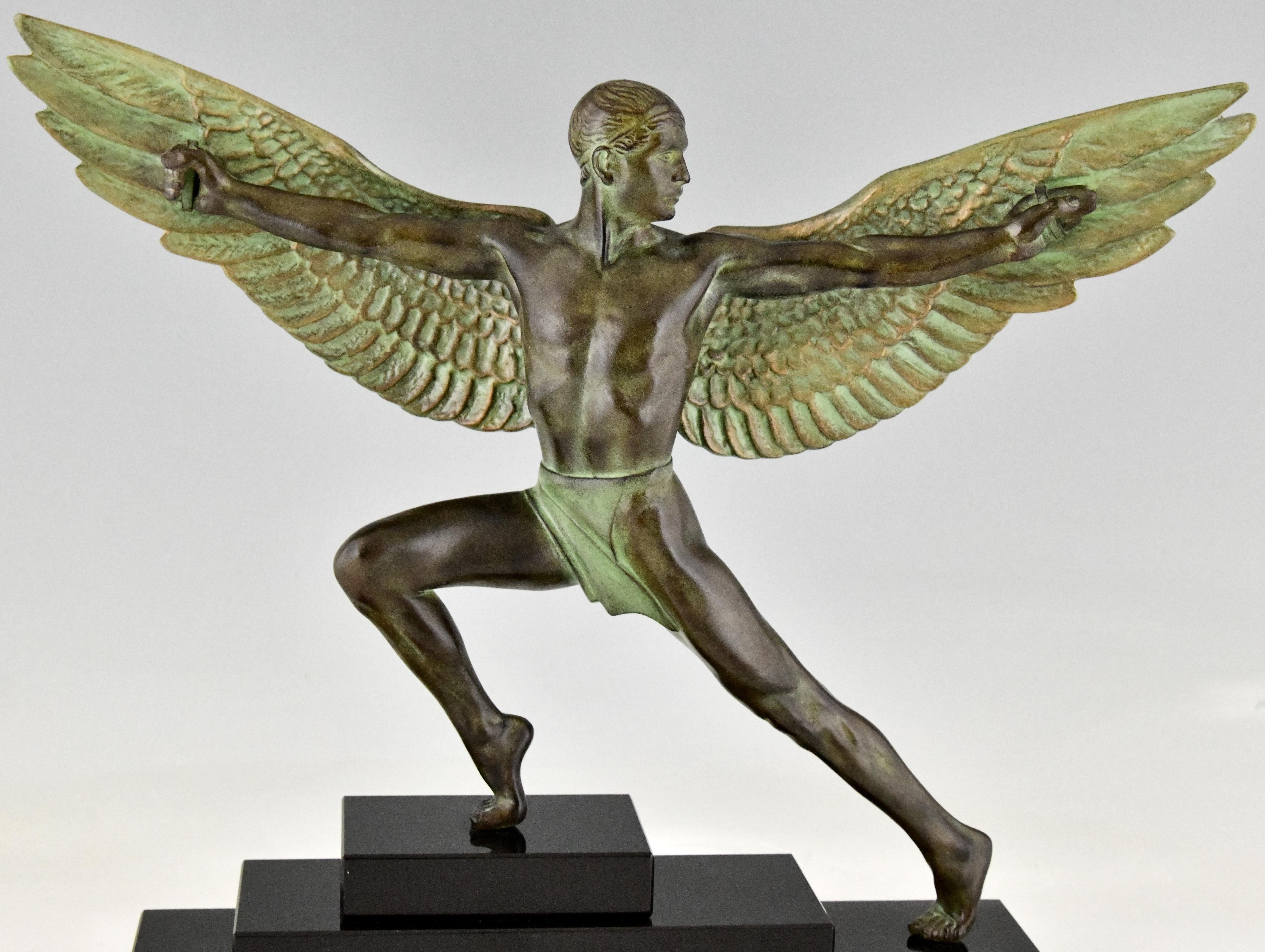 Contemporary Art Deco Style Sculpture Icarus Winged Male Nude Max Le Verrier, France