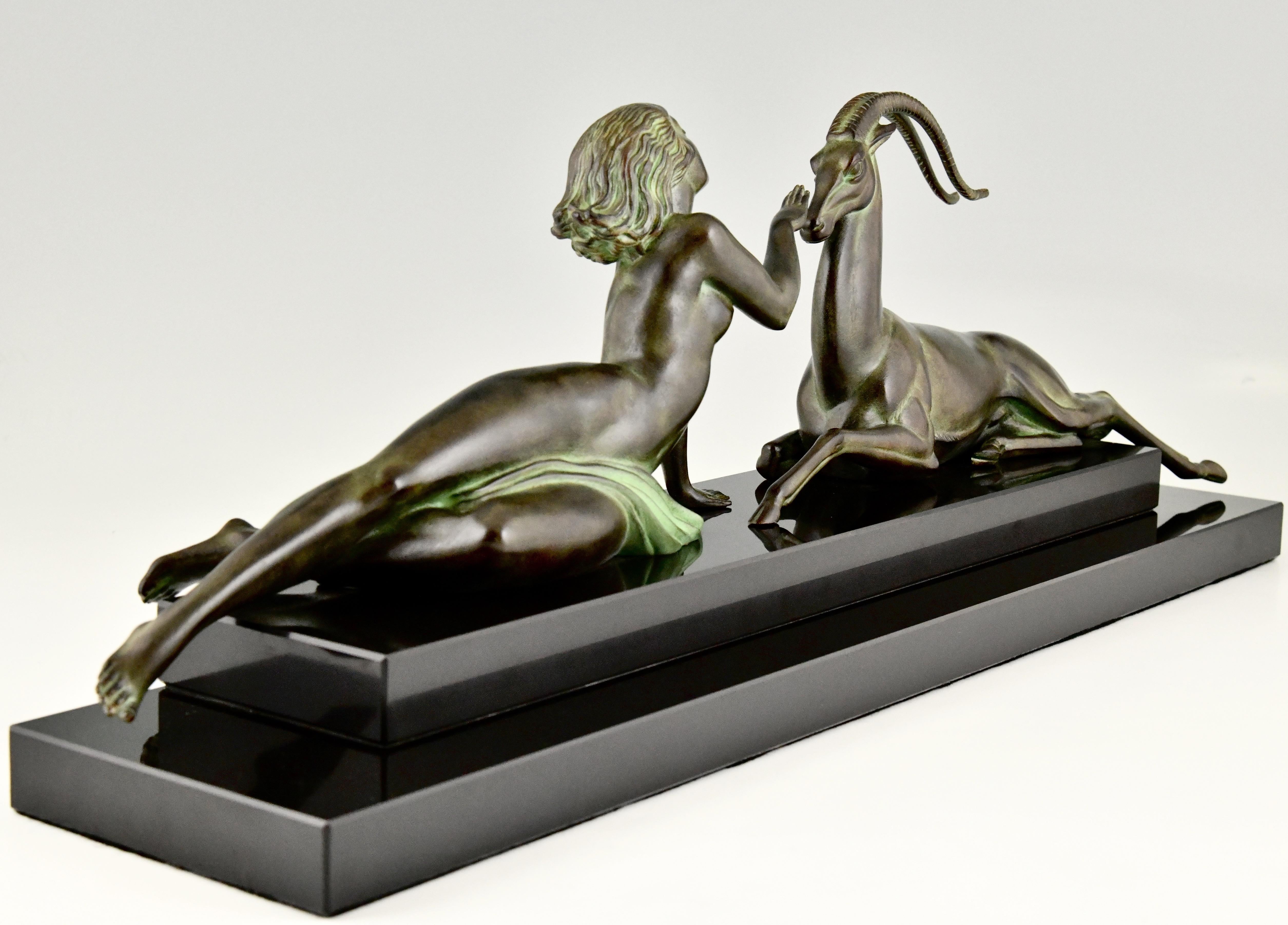 French Art Deco Style Sculpture Nude & Gazelle Seduction Fayral & Max Le Verrier For Sale