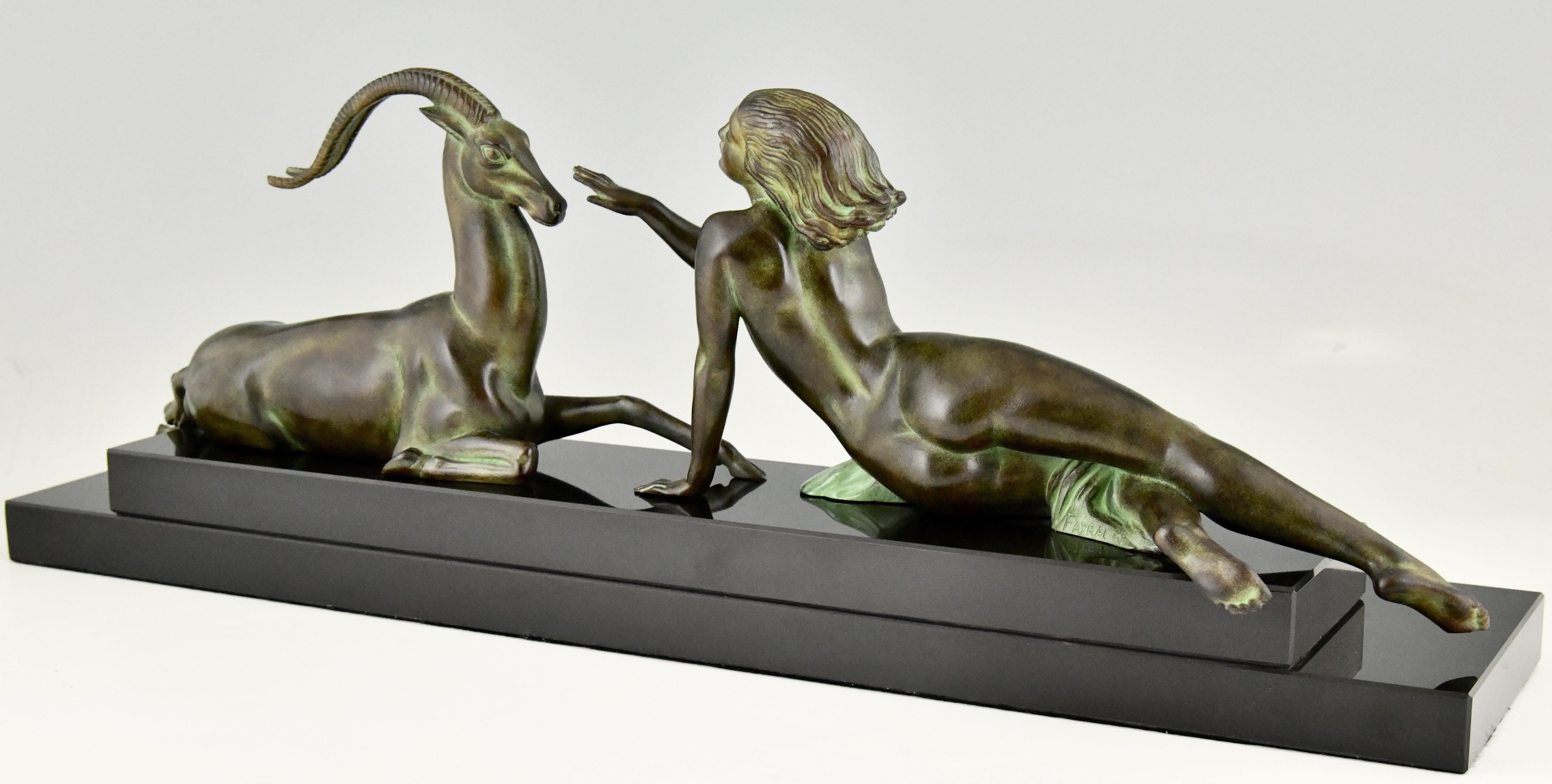 Patinated Art Deco Style Sculpture Nude & Gazelle Seduction Fayral & Max Le Verrier