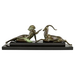 Sculpture de style Art déco nu et gazelle séduction Fayral & Max Le Verrier